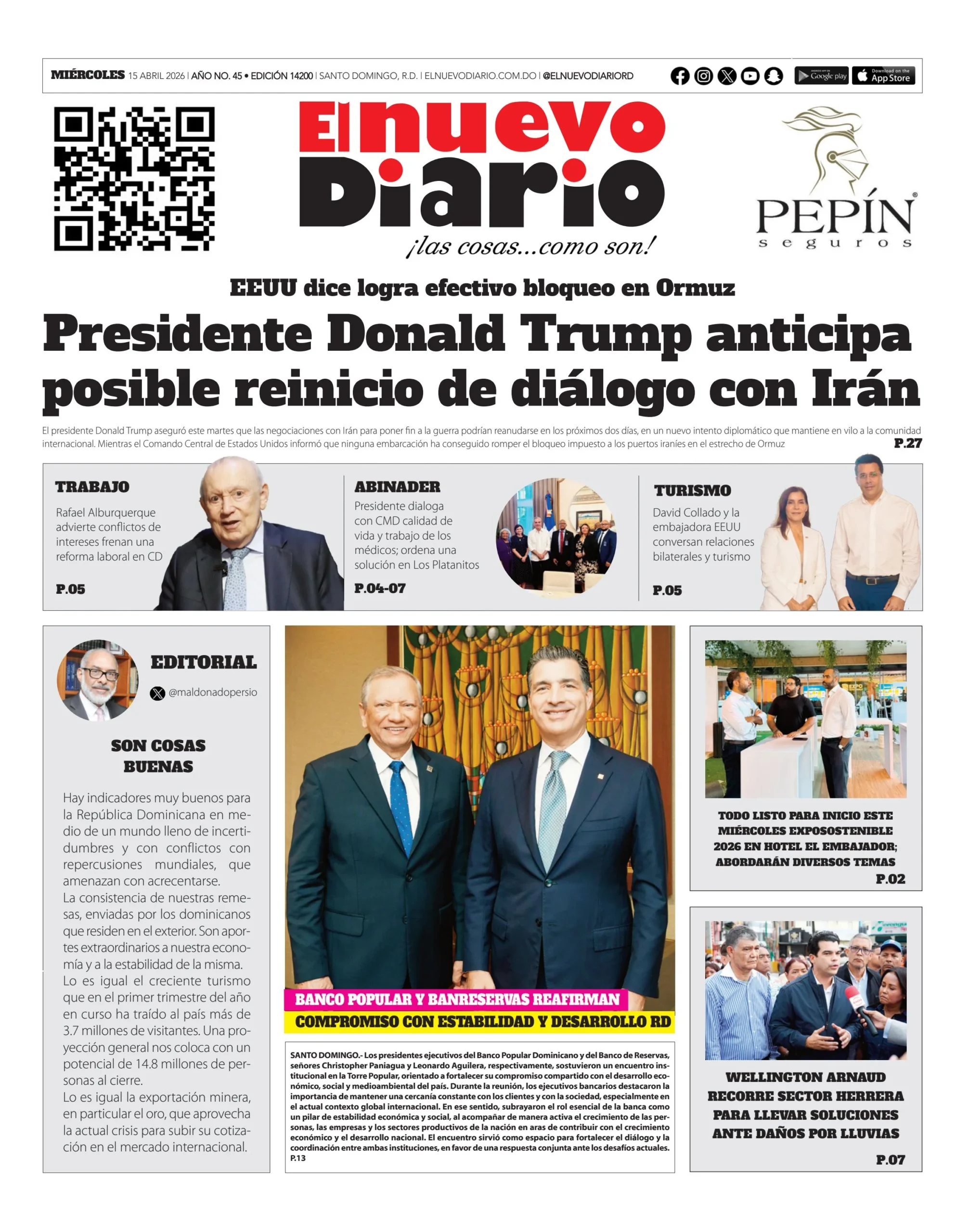 Portada Periódico El Nuevo Diario, Miércoles 15, Abril 2026