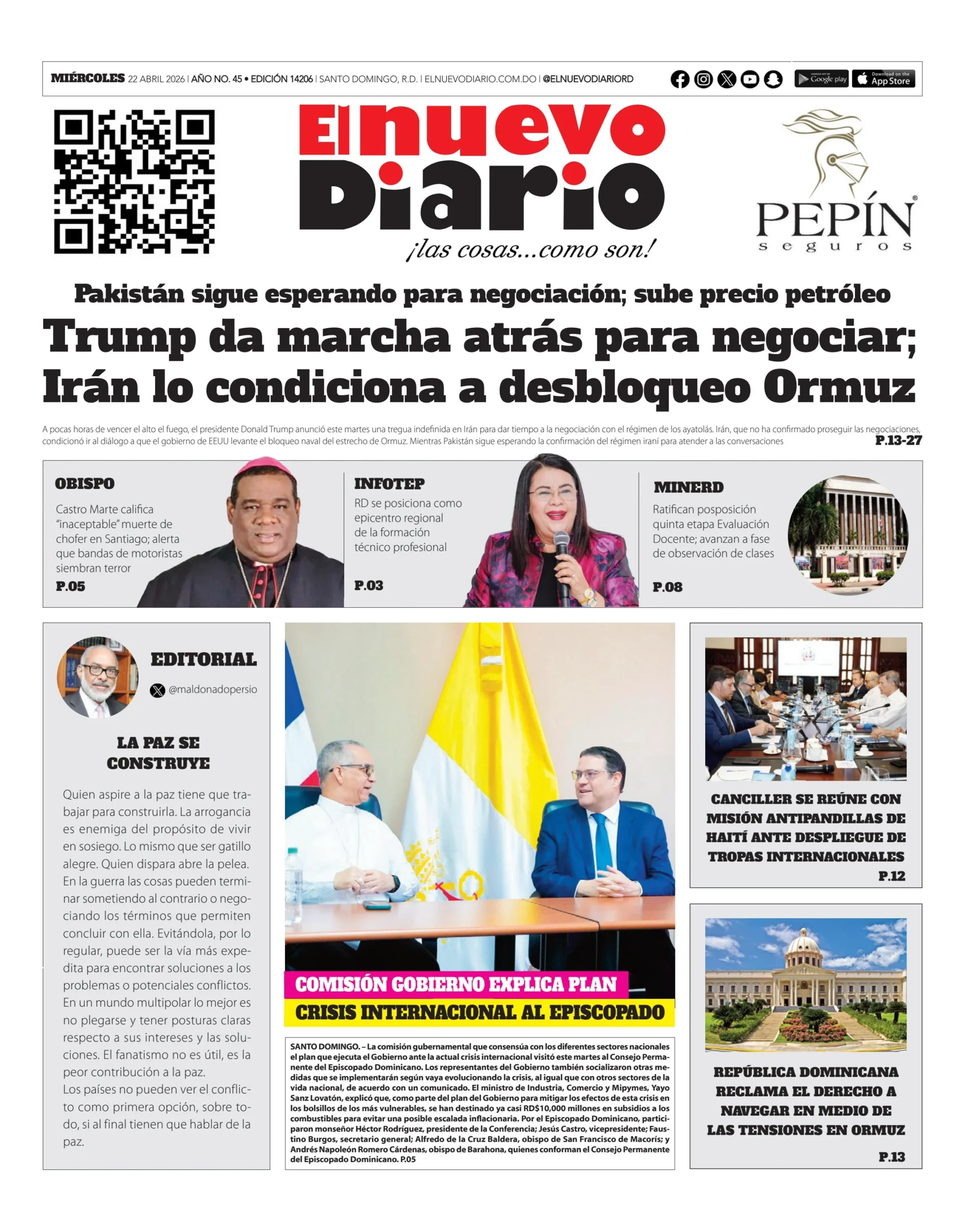 Portada Periódico El Nuevo Diario, Miércoles 22, Abril 2026