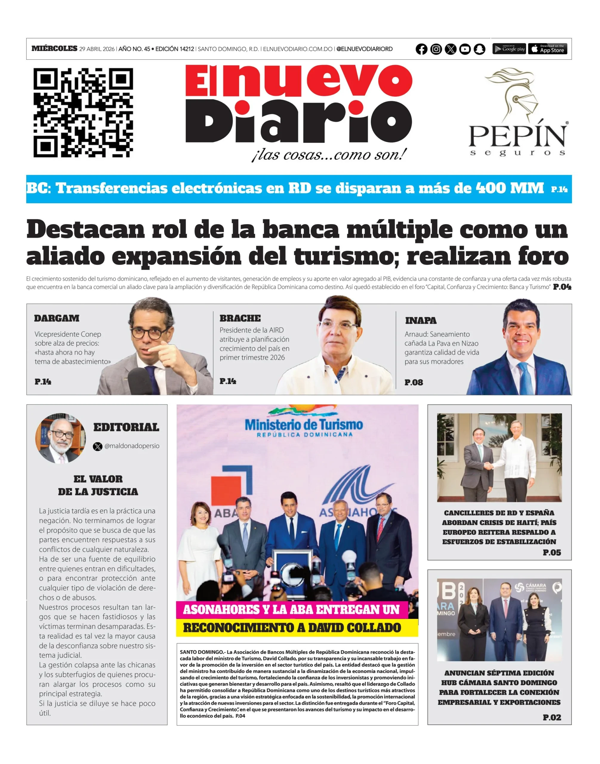 Portada Periódico El Nuevo Diario, Miércoles 29, Abril 2026