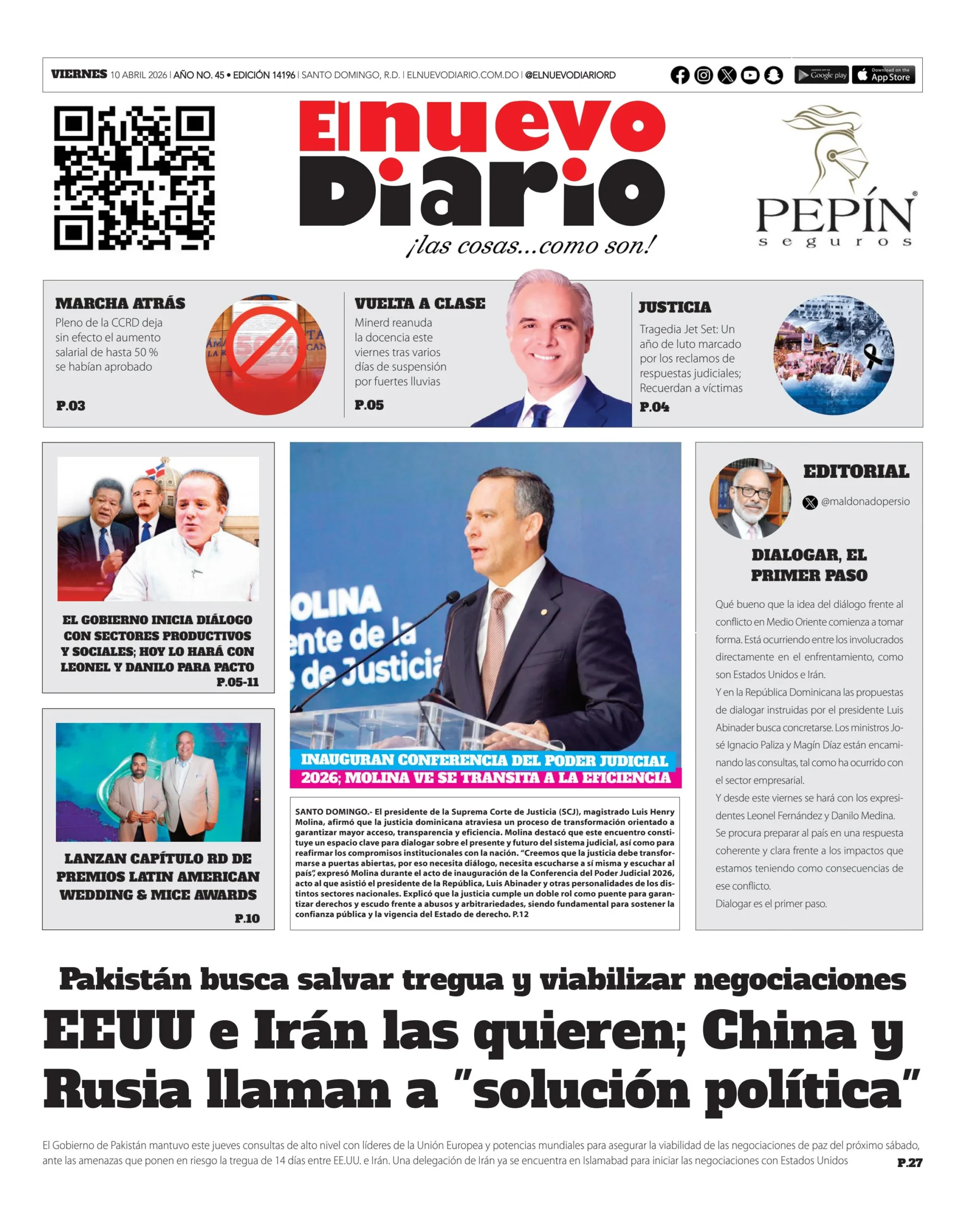 Portada Periódico El Nuevo Diario, Viernes 10, Abril 2026