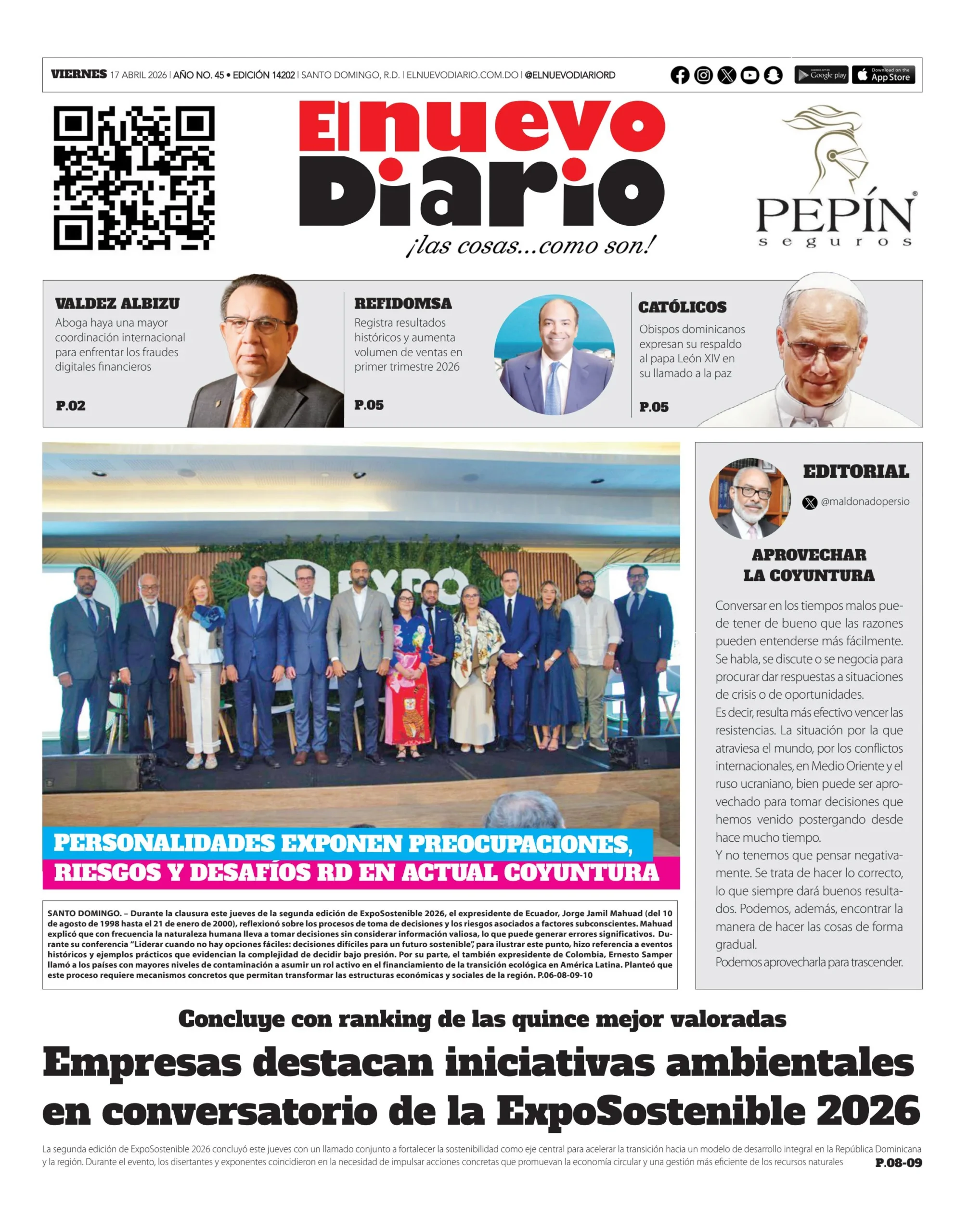Portada Periódico El Nuevo Diario, Viernes 17, Abril 2026