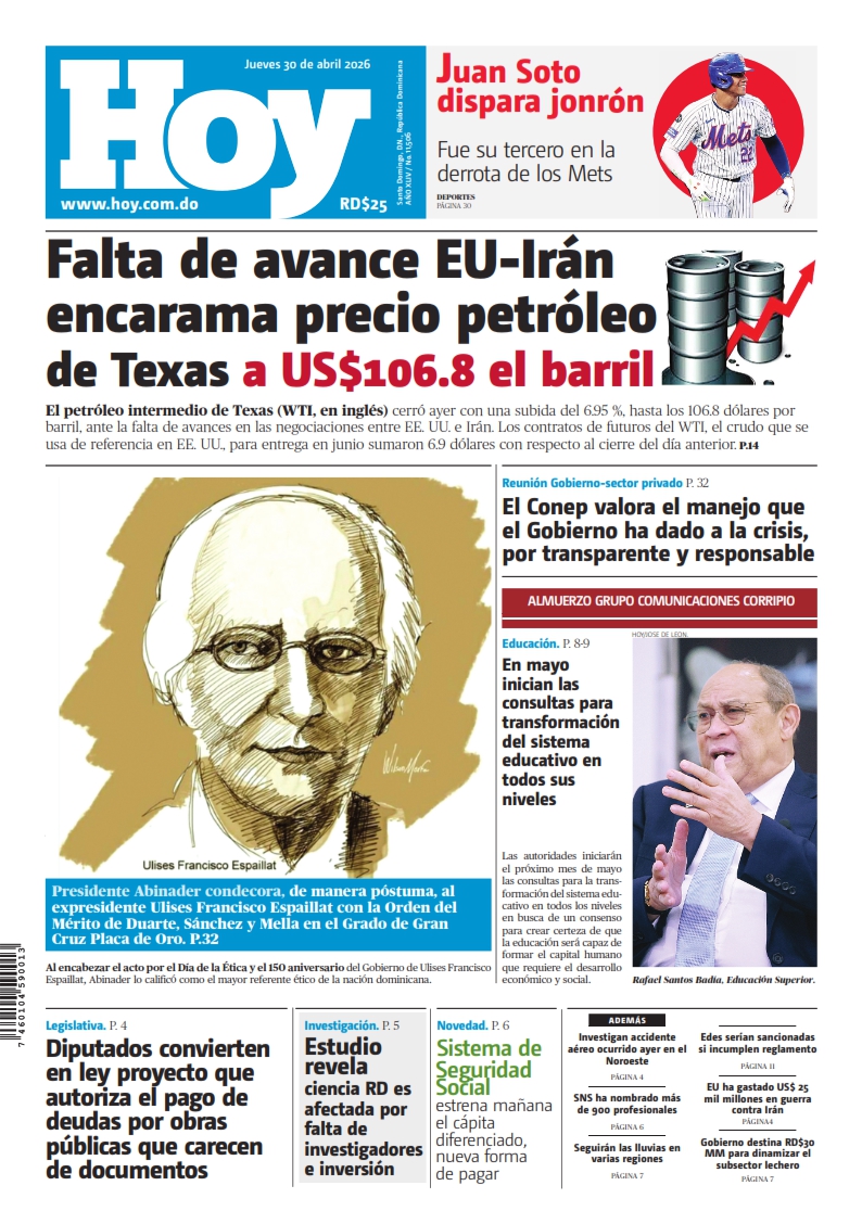 Portada Periódico Hoy, Jueves 30, Abril 2026
