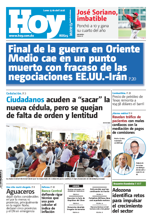 Portada Periódico Hoy, Lunes 13, Abril 2026