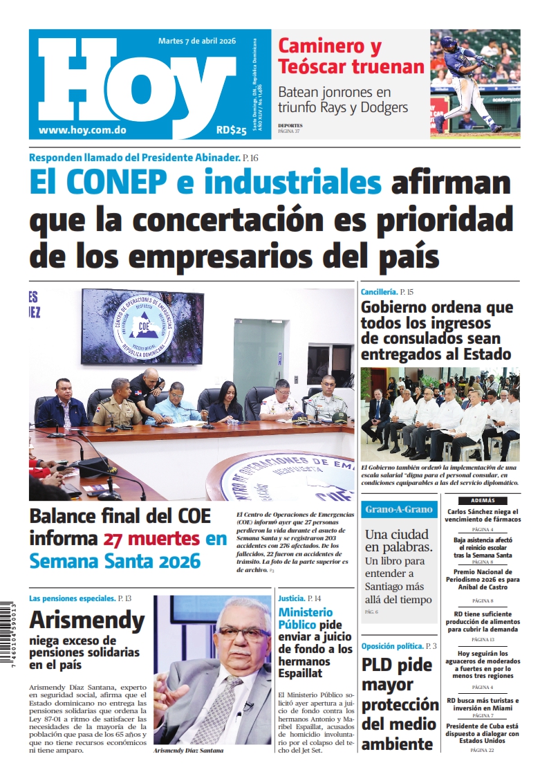 Portada Periódico Hoy, Martes 07, Abril 2026