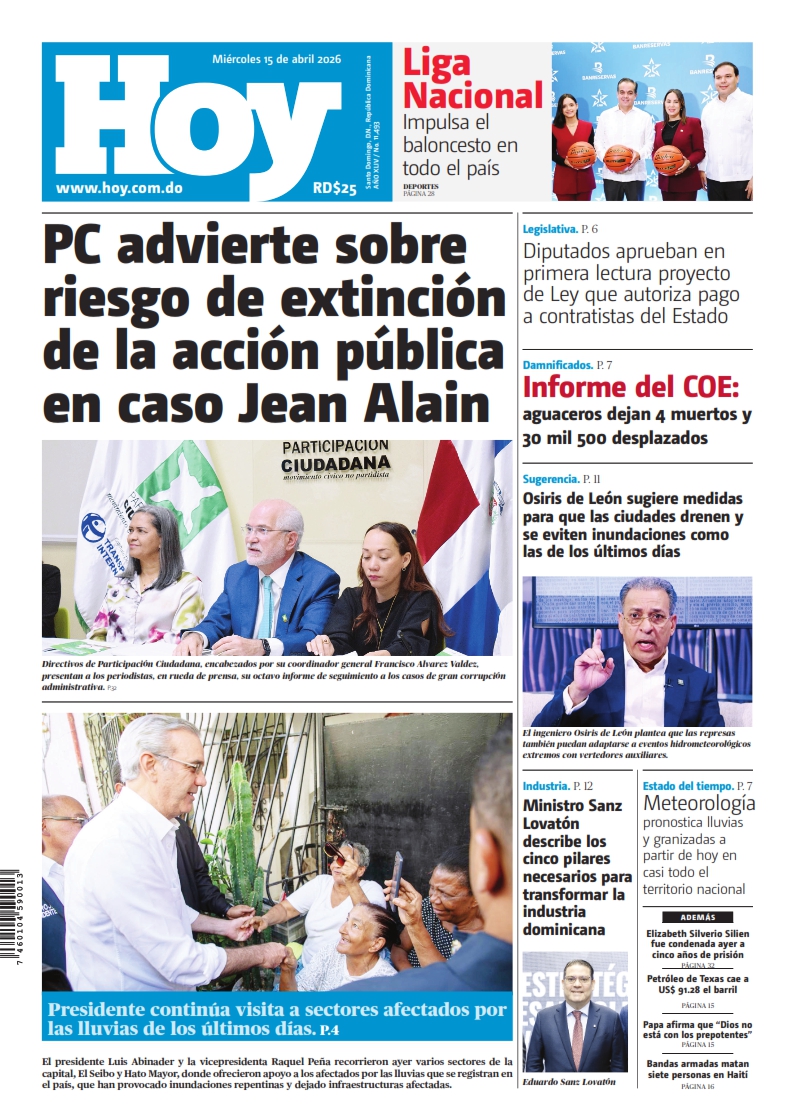 Portada Periódico Hoy, Miércoles 15, Abril 2026