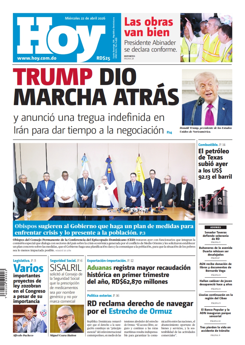 Portada Periódico Hoy, Miércoles 22, Abril 2026