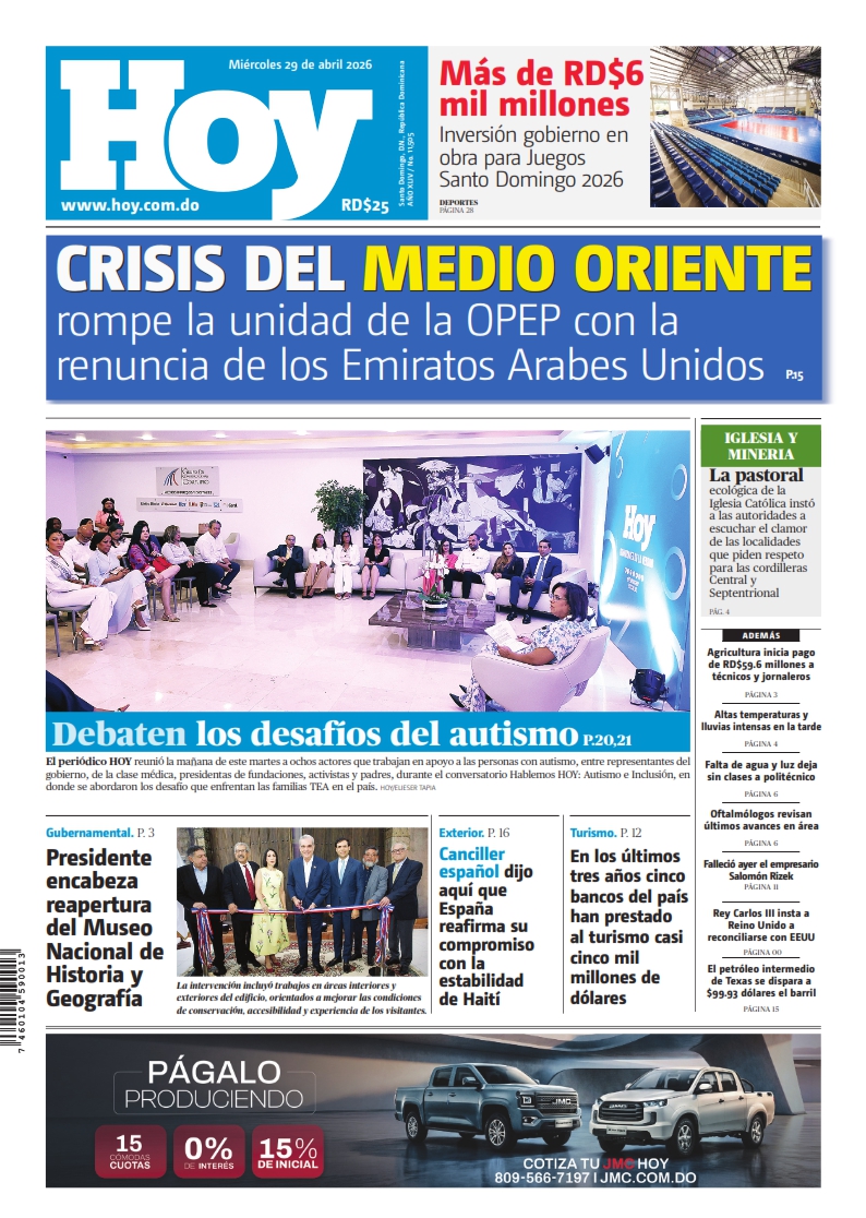 Portada Periódico Hoy, Miércoles 29, Abril 2026