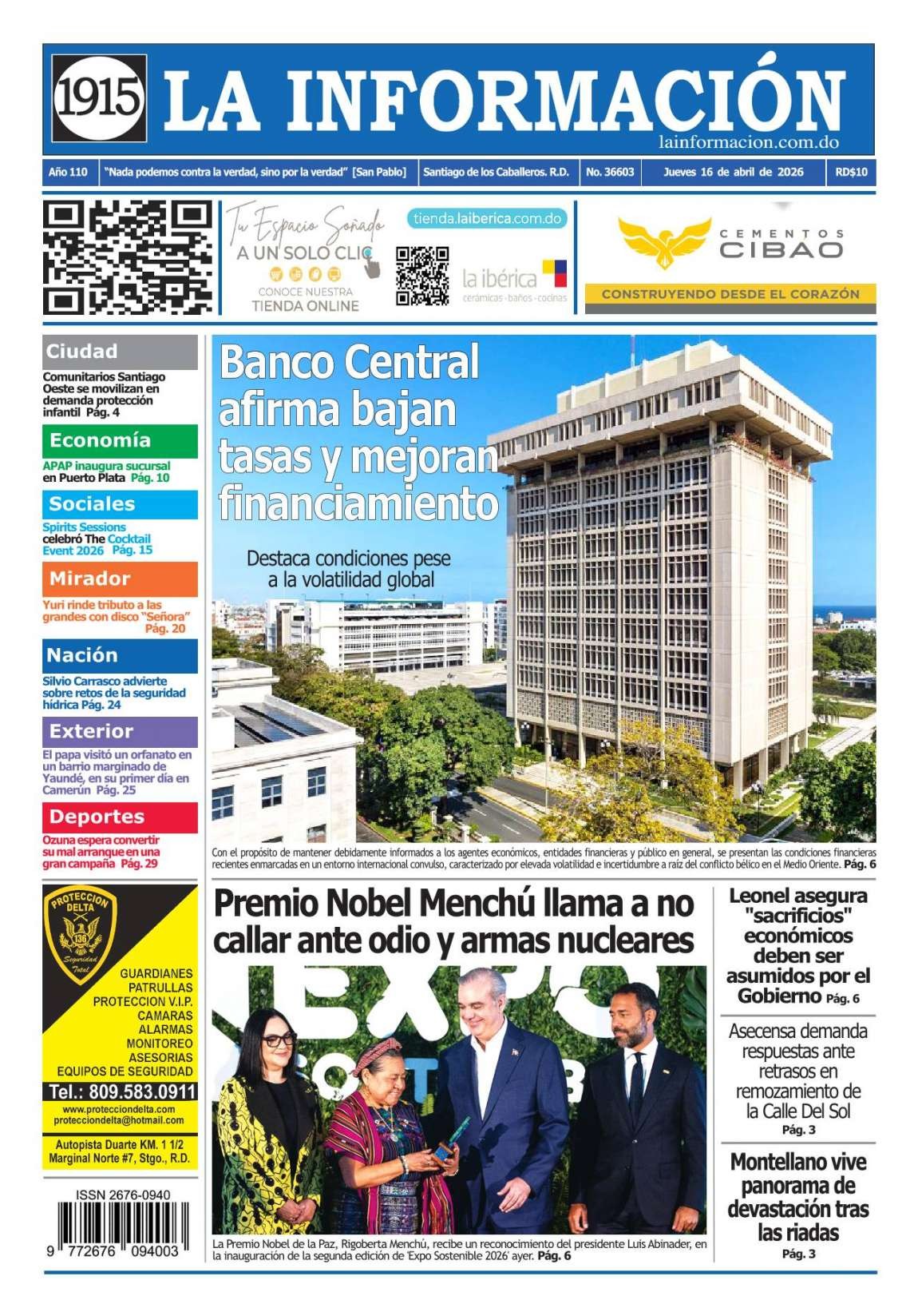 Portada Periódico La Información, Jueves 16, Abril 2026