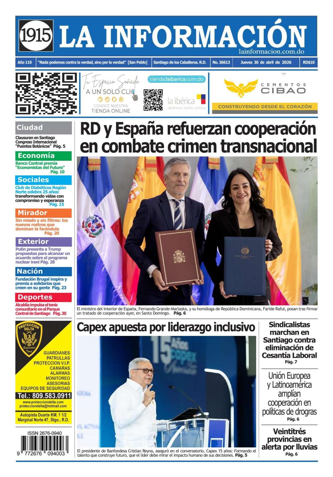 Portada Periódico La Información, Jueves 30, Abril 2026