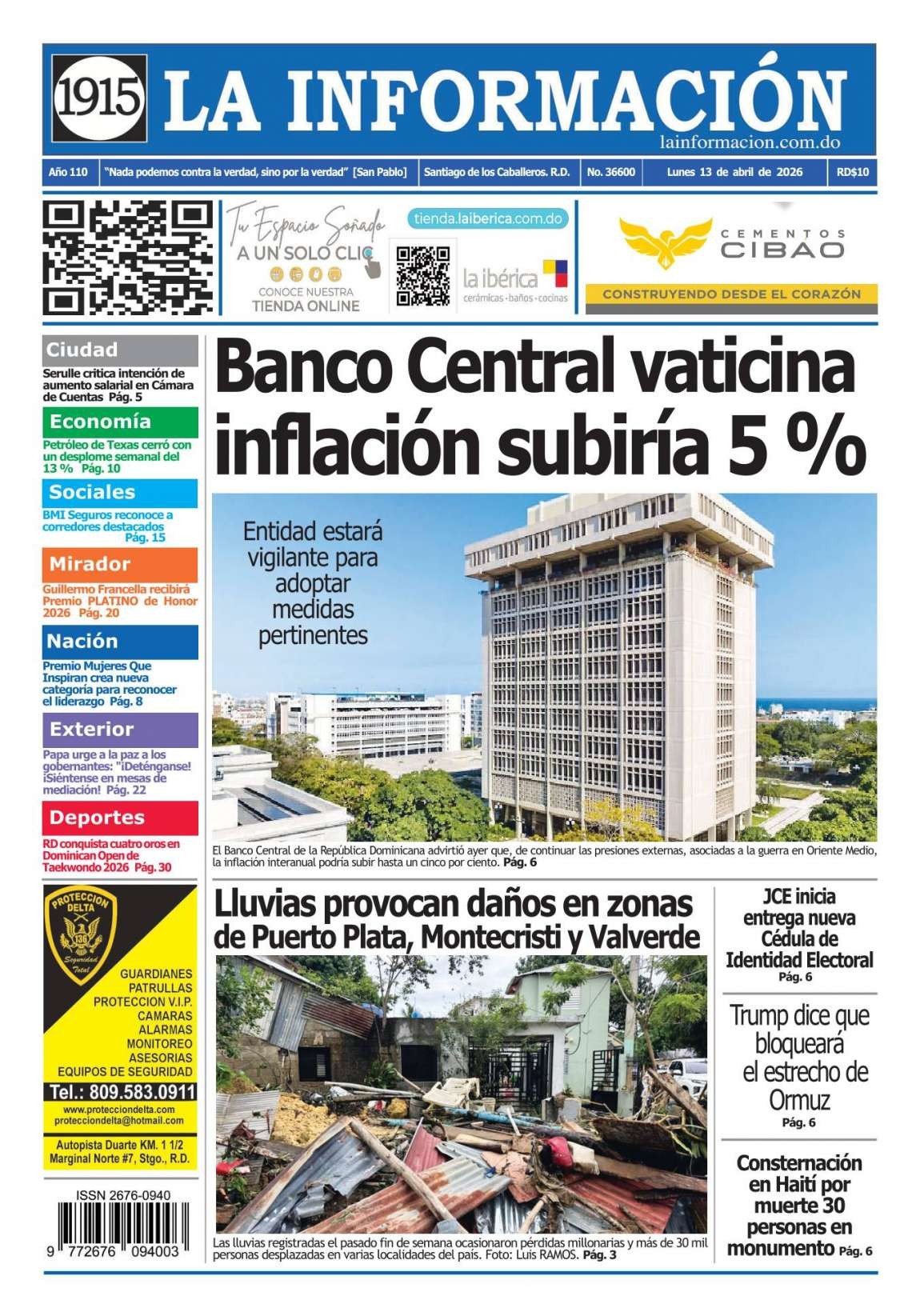 Portada Periódico La Información, Lunes 13, Abril 2026