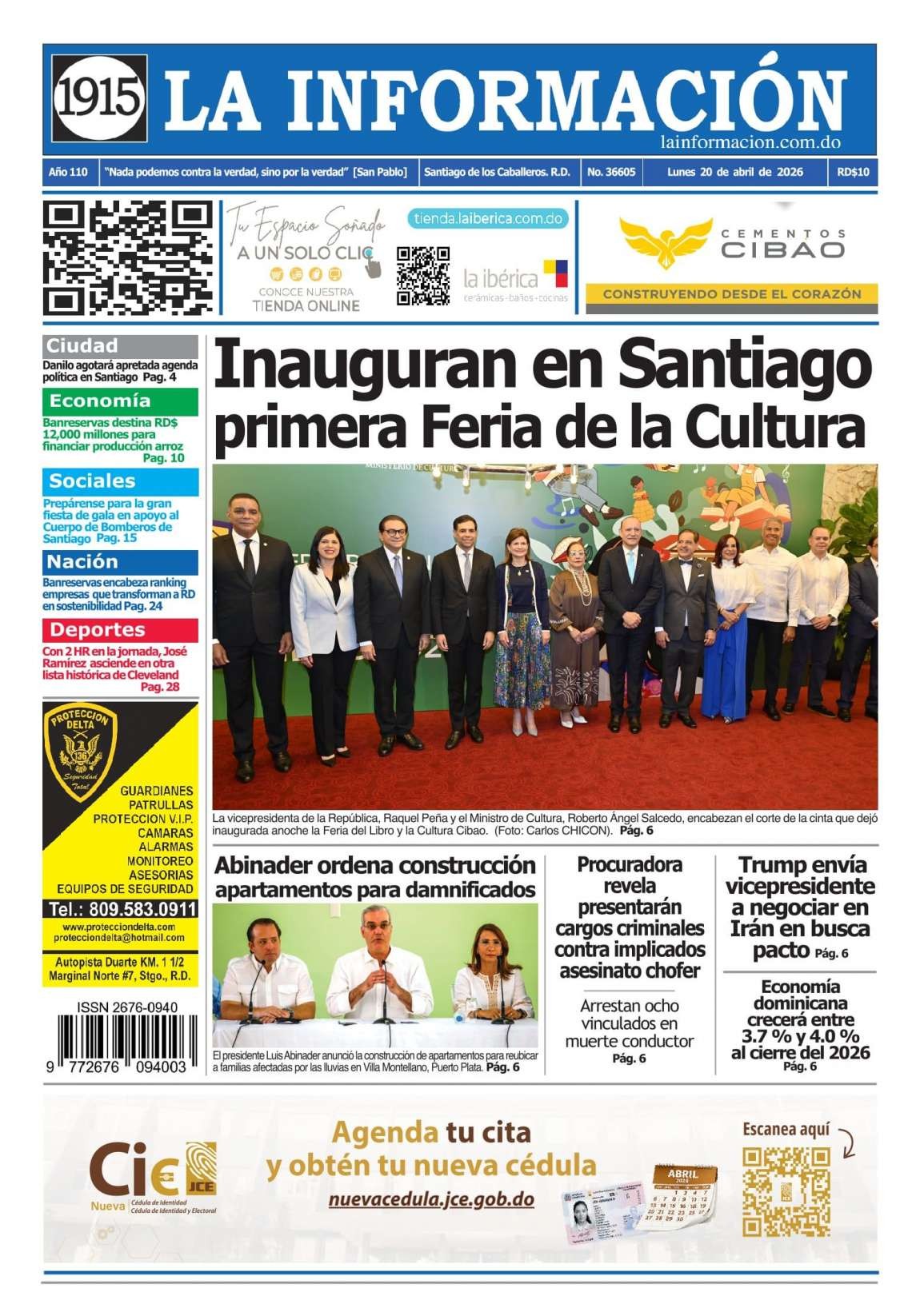 Portada Periódico La Información, Lunes 20, Abril 2026