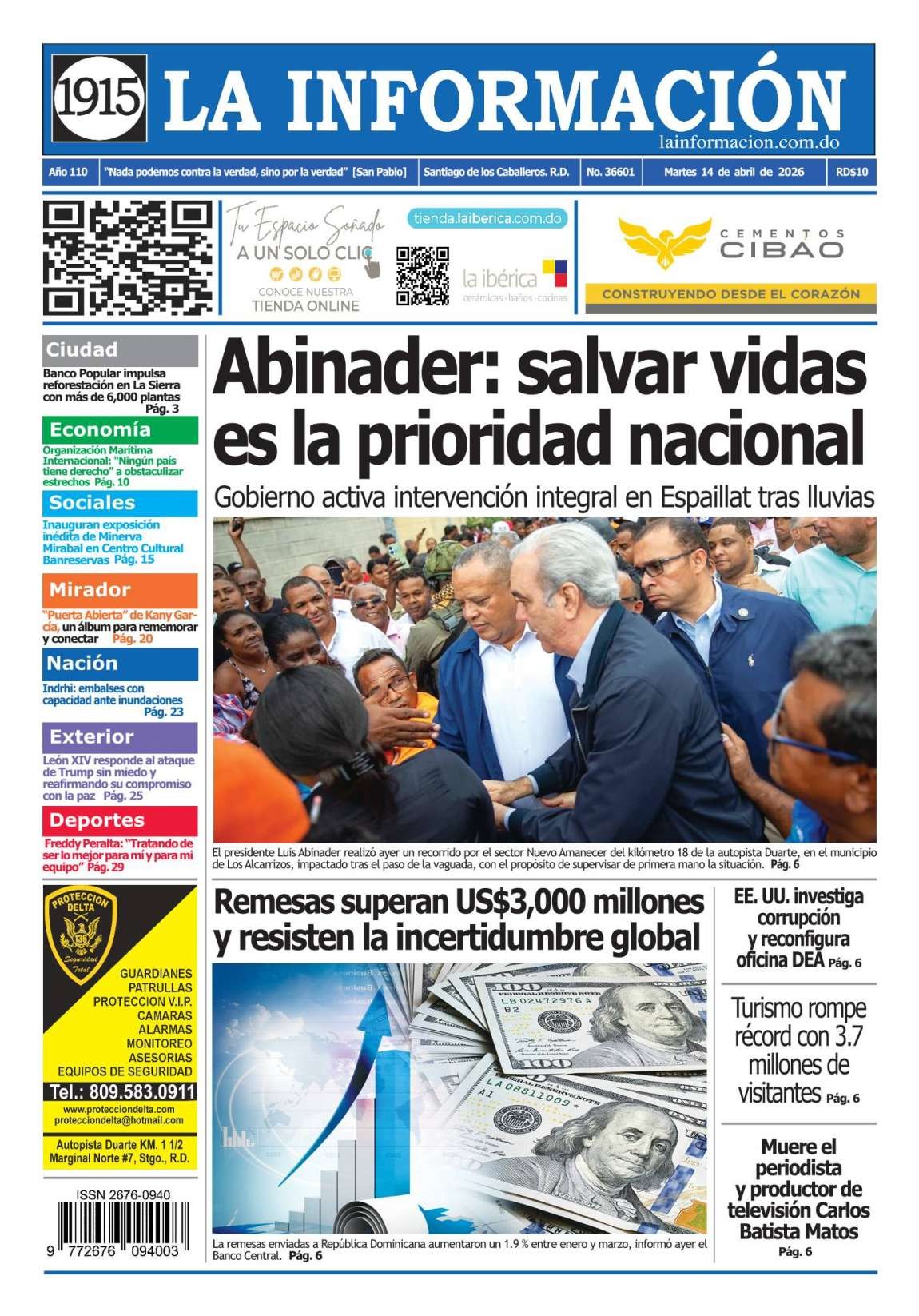Portada Periódico La Información, Martes 14, Abril 2026