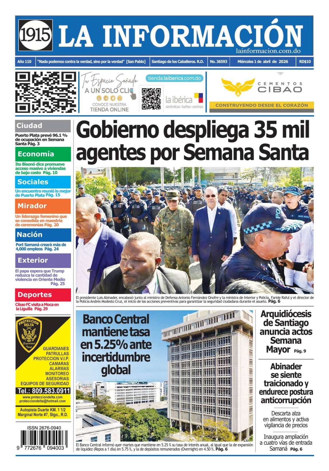 Portada Periódico La Información, Miércoles 01, Abril 2026