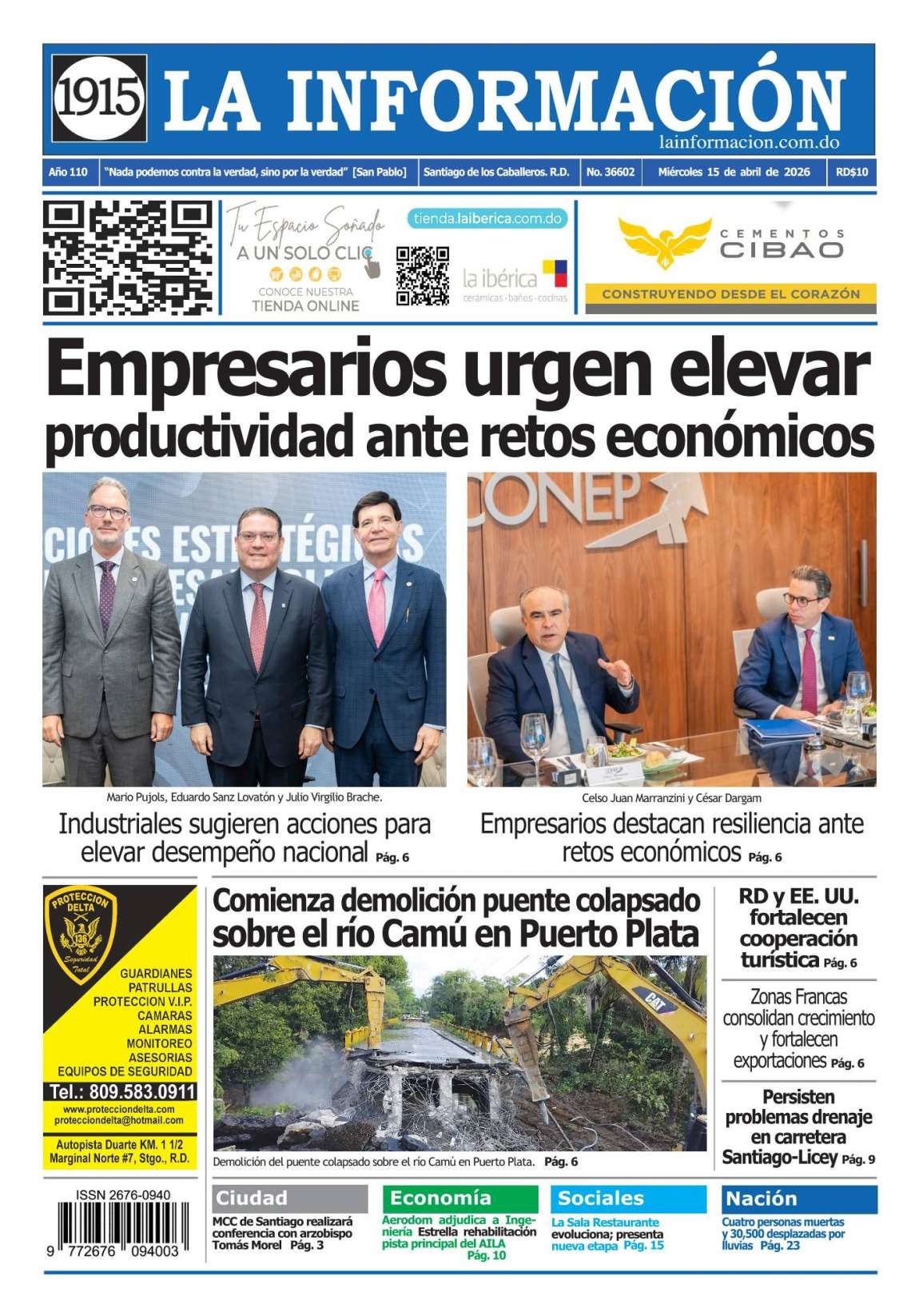 Portada Periódico La Información, Miércoles 15, Abril 2026