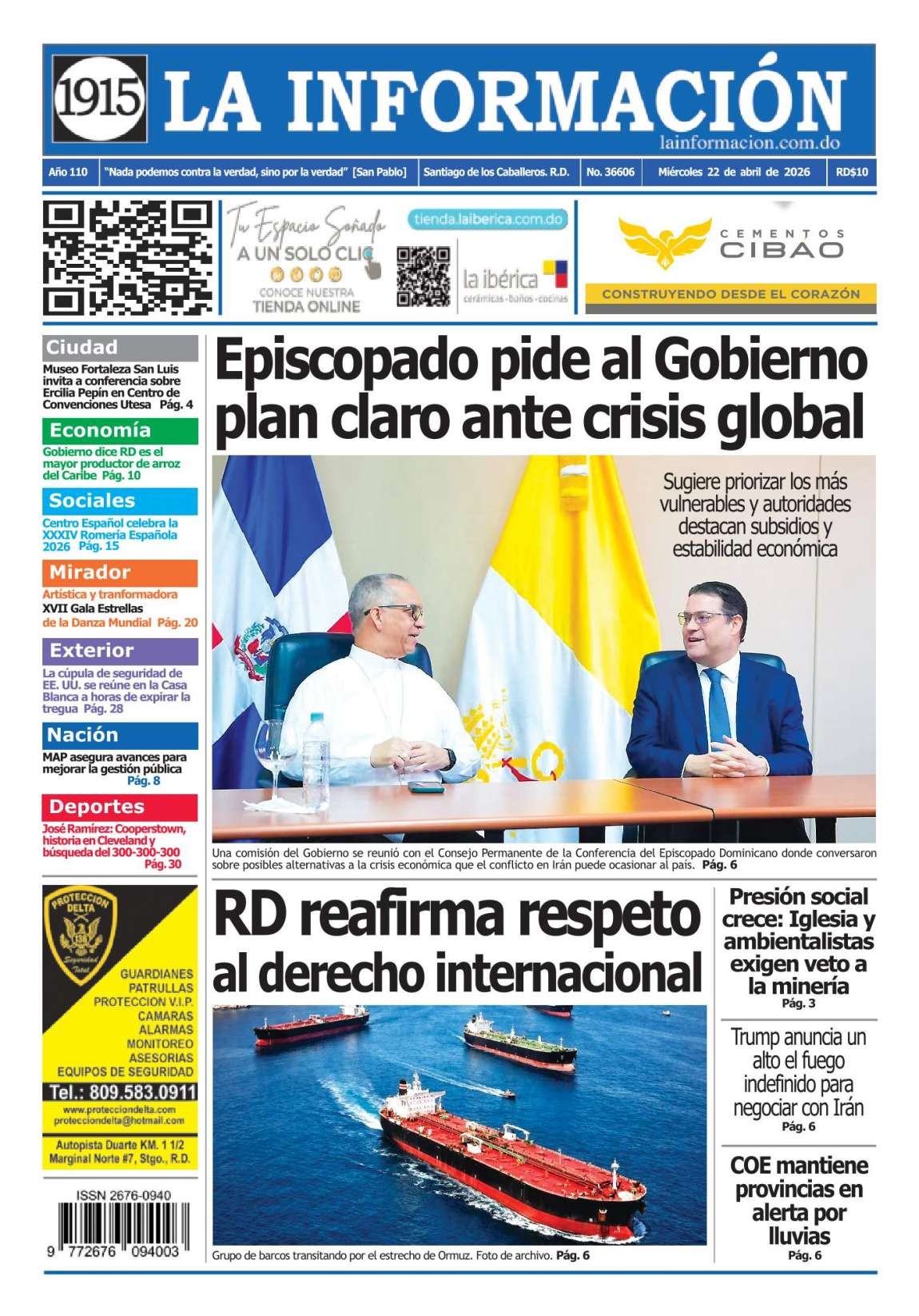 Portada Periódico La Información, Miércoles 22, Abril 2026