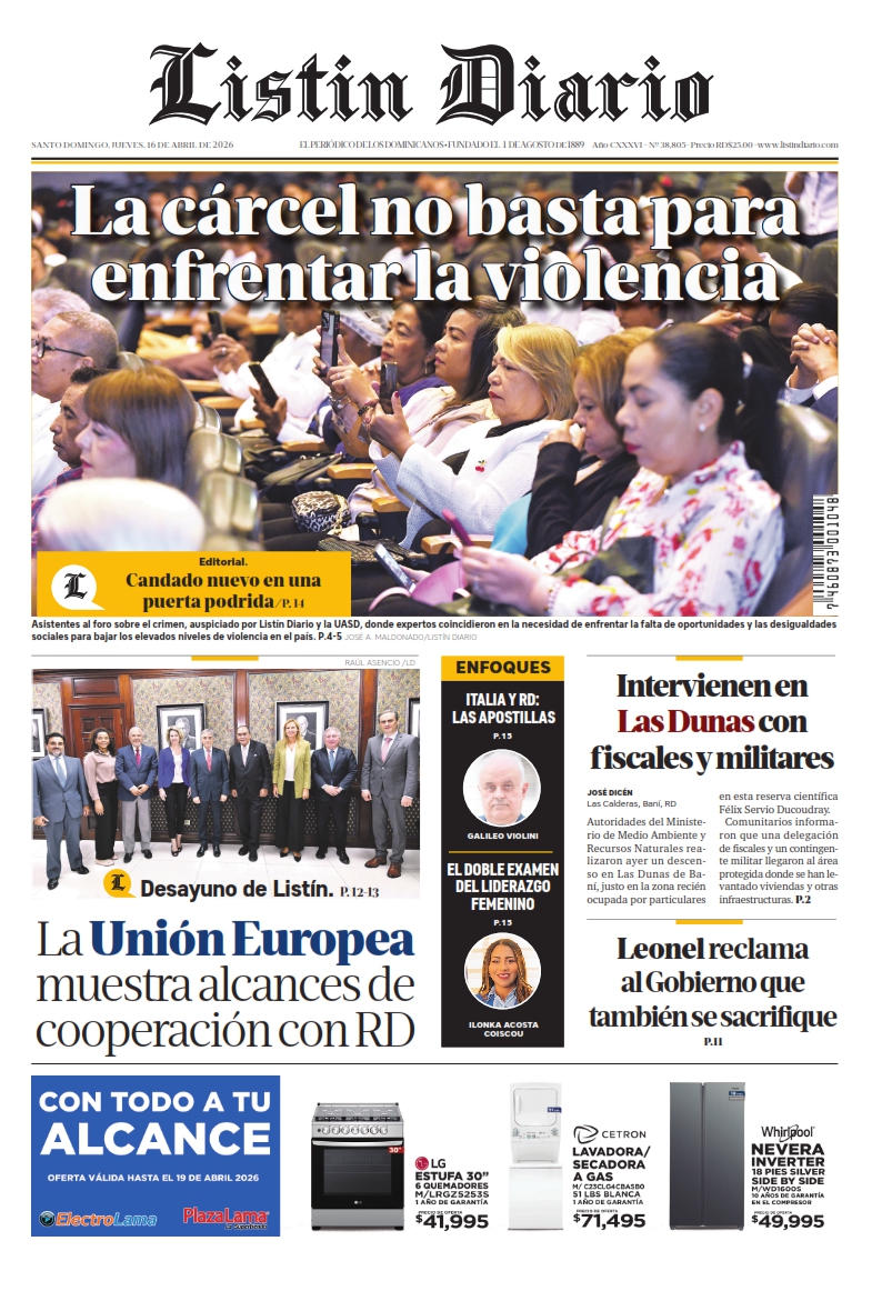 Portada Periódico Listín Diario, Jueves 16, Abril 2026