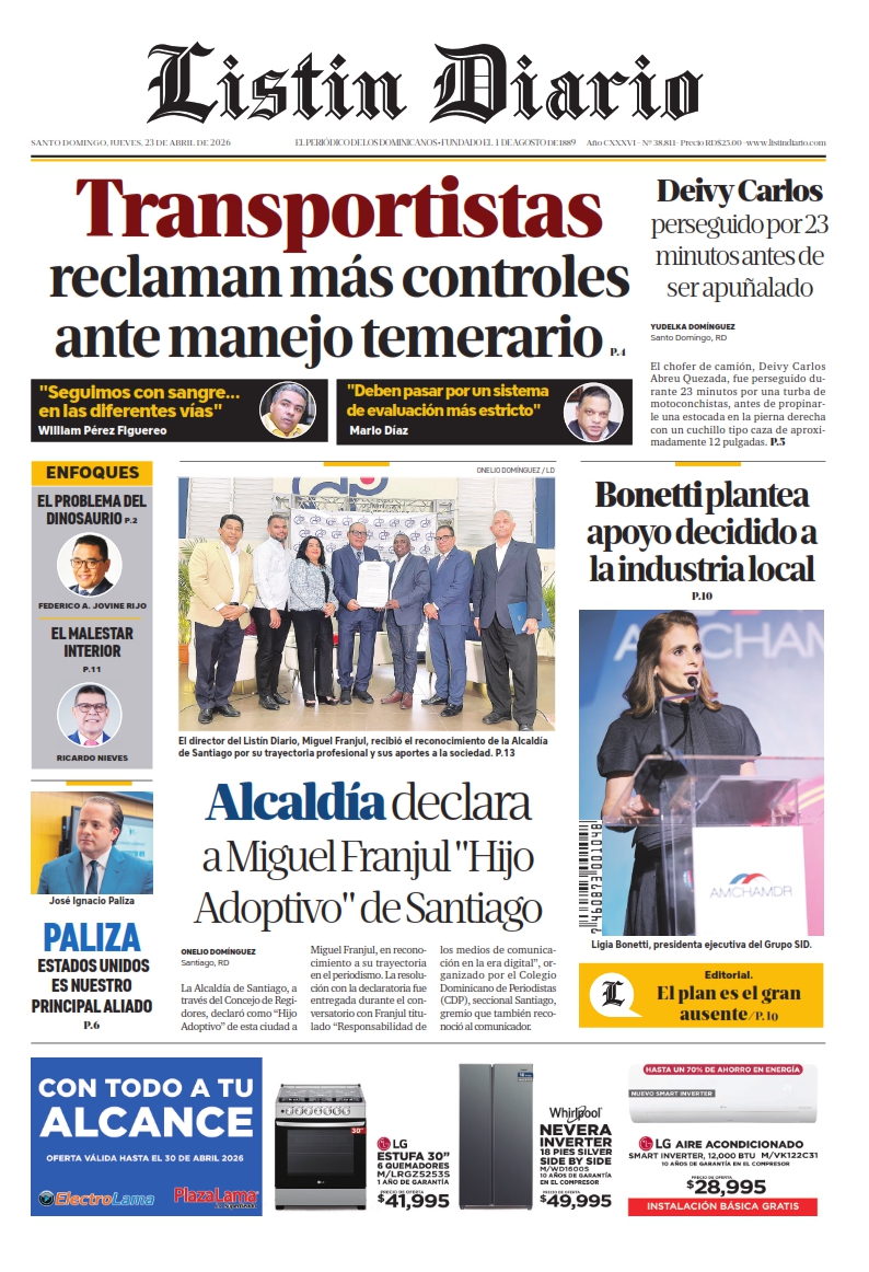 Portada Periódico Listín Diario, Jueves 23, Abril 2026