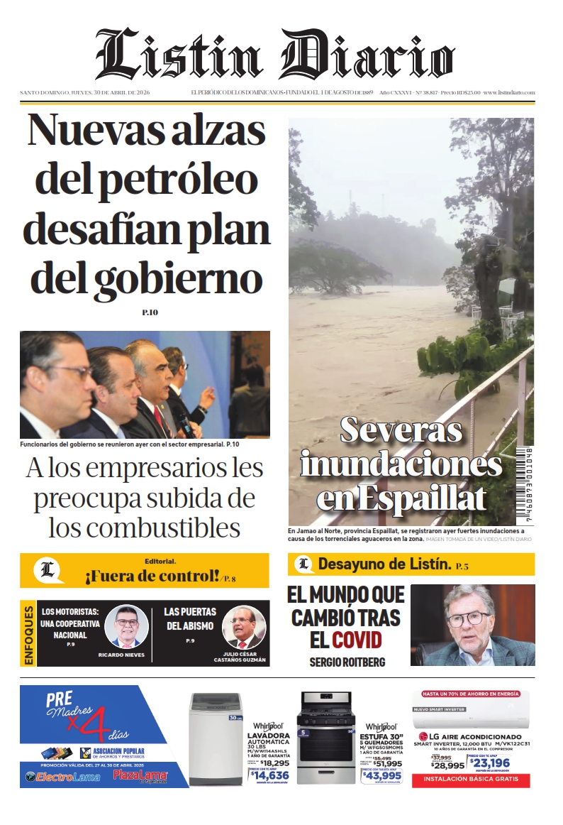 Portada Periódico Listín Diario, Jueves 30, Abril 2026