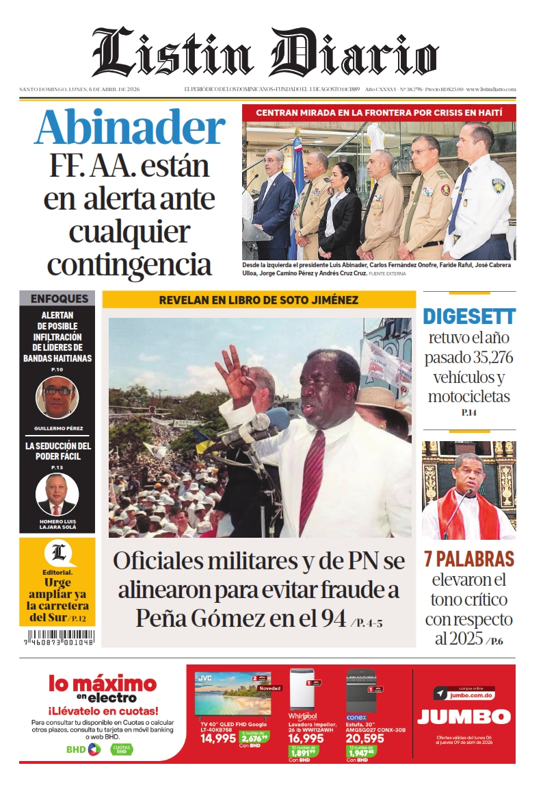 Portada Periódico Listín Diario, Lunes 06, Abril 2026