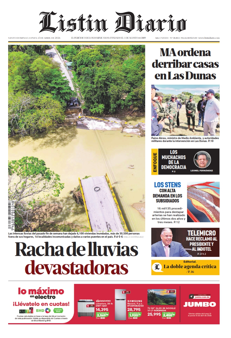 Portada Periódico Listín Diario, Lunes 13, Abril 2026