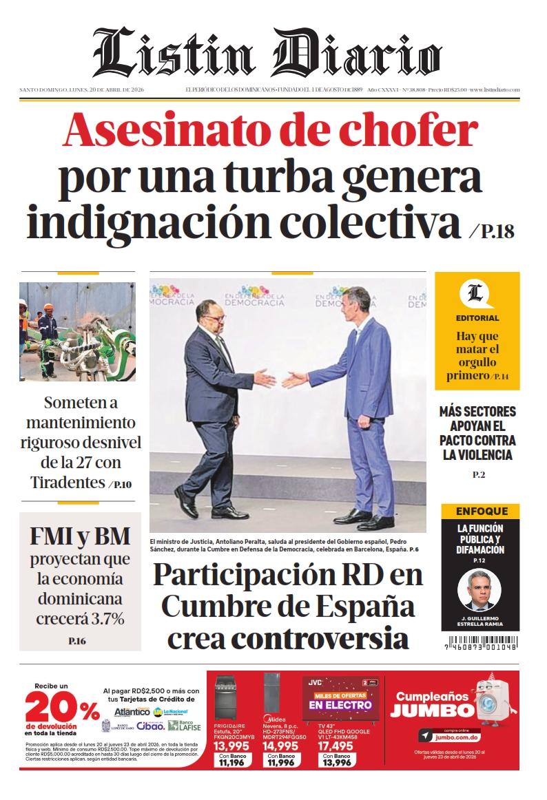 Portada Periódico Listín Diario, Lunes 20, Abril 2026
