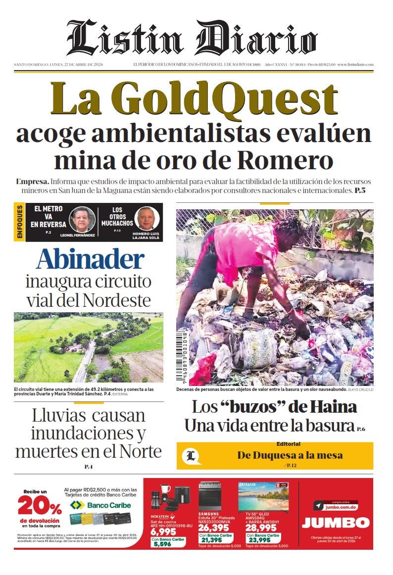 Portada Periódico Listín Diario, Lunes 27, Abril 2026