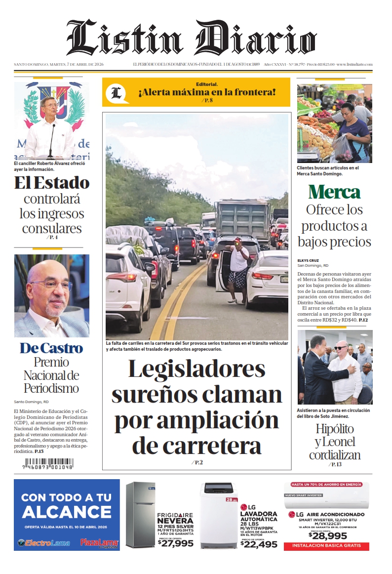 Portada Periódico Listín Diario, Martes 07, Abril 2026