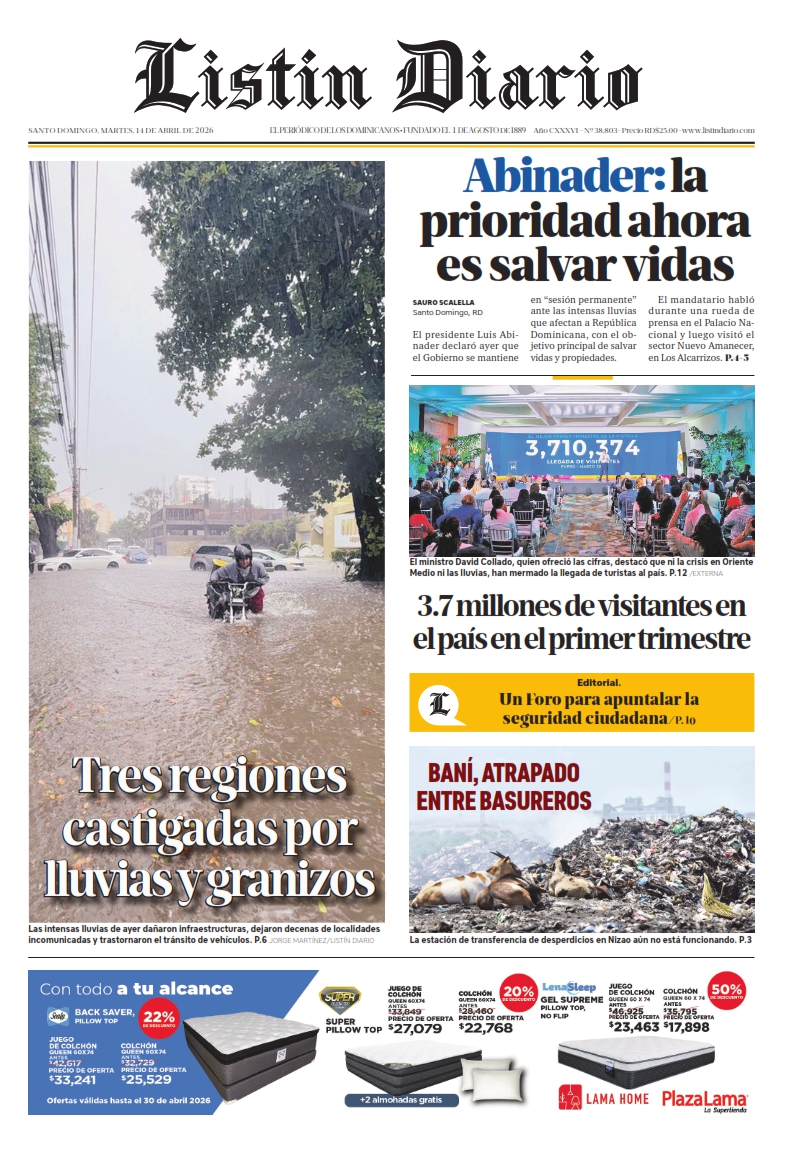 Portada Periódico Listín Diario, Martes 14, Abril 2026