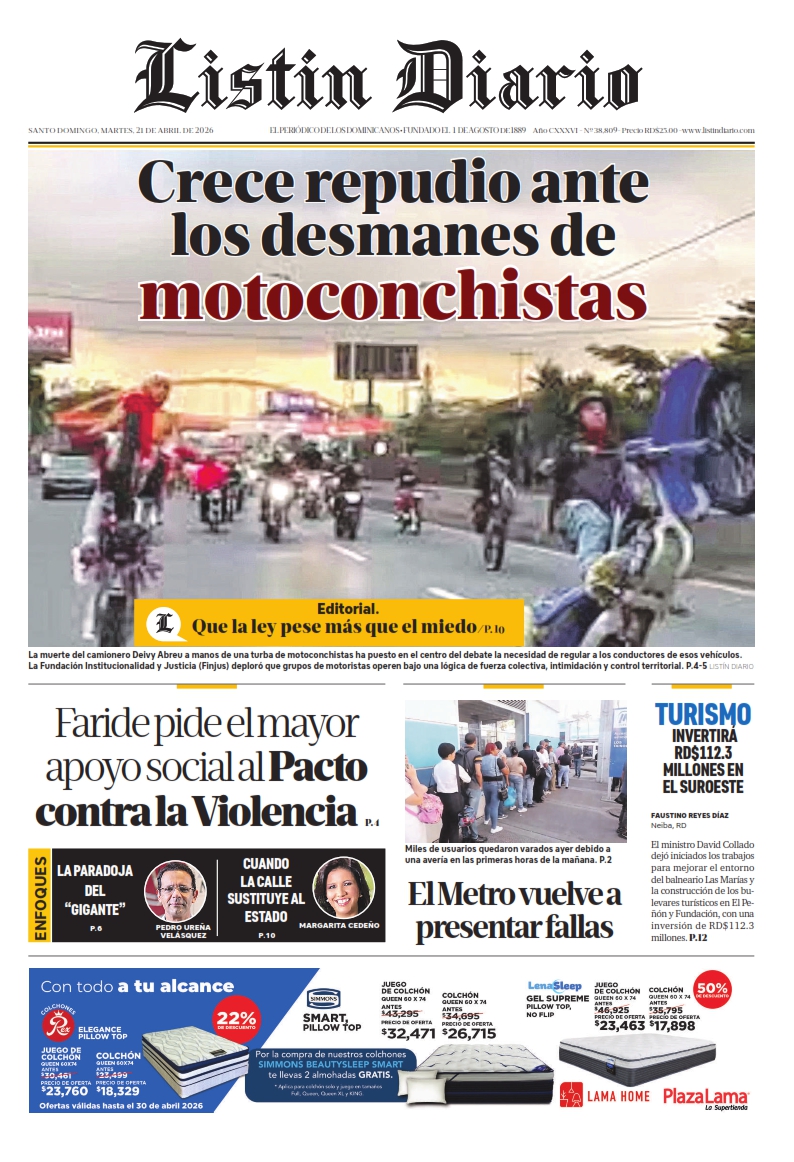 Portada Periódico Listín Diario, Martes 21, Abril 2026