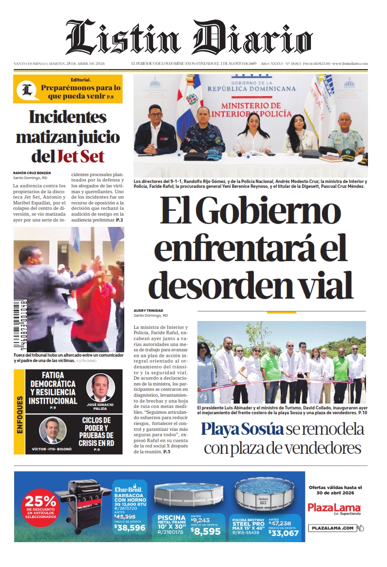 Portada Periódico Listín Diario, Martes 28, Abril 2026
