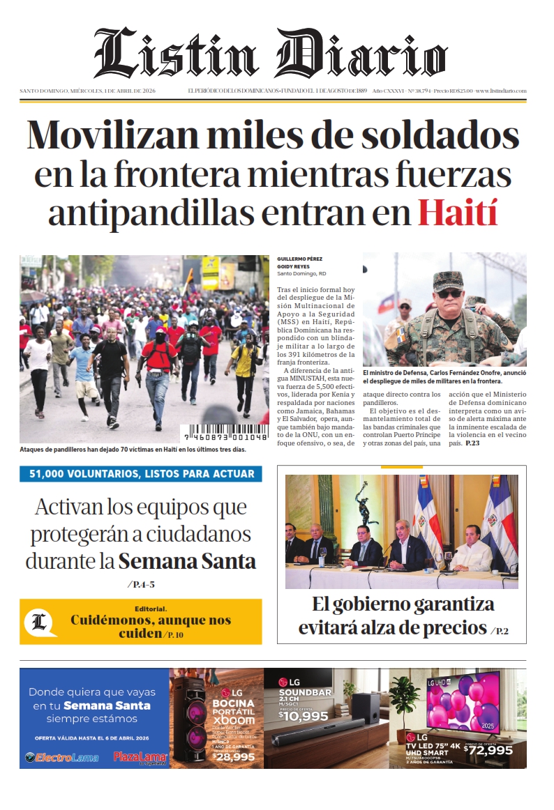 Portada Periódico Listín Diario, Miércoles 01, Abril 2026