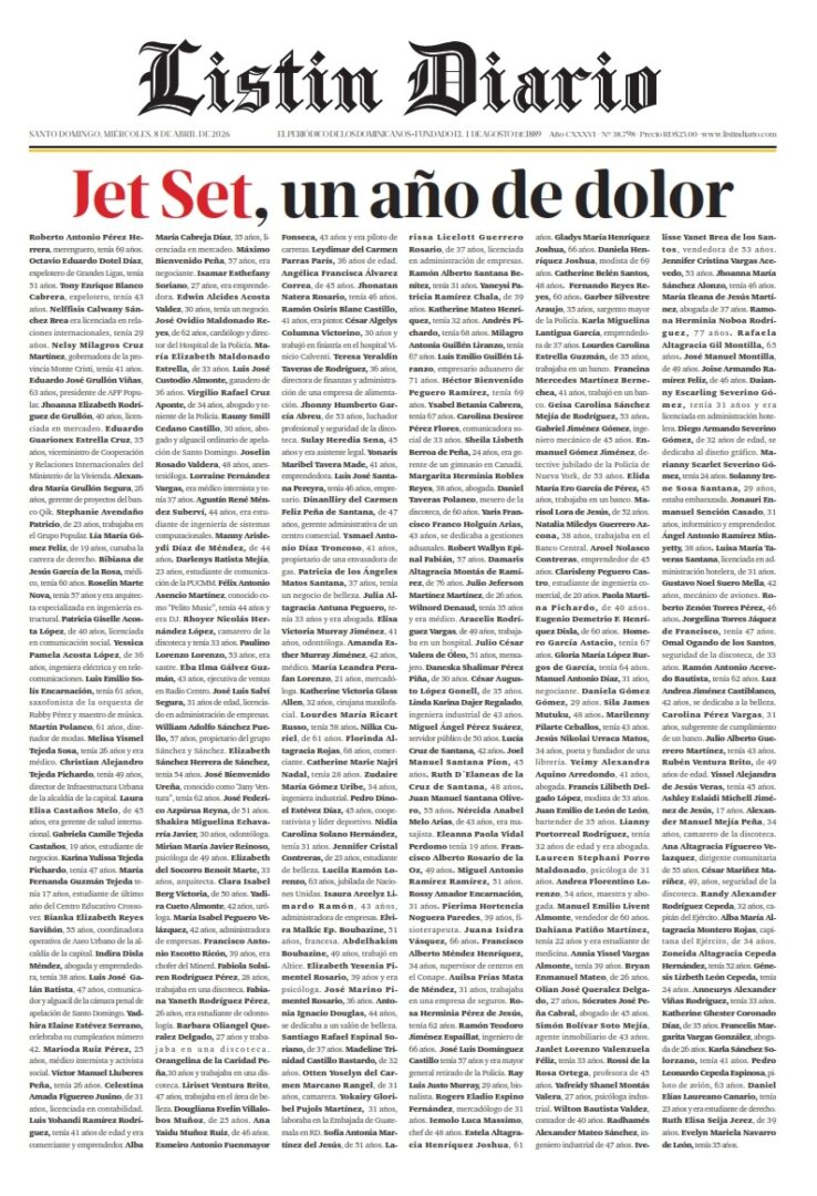 Portada Periódico Listín Diario, Miércoles 08, Abril 2026