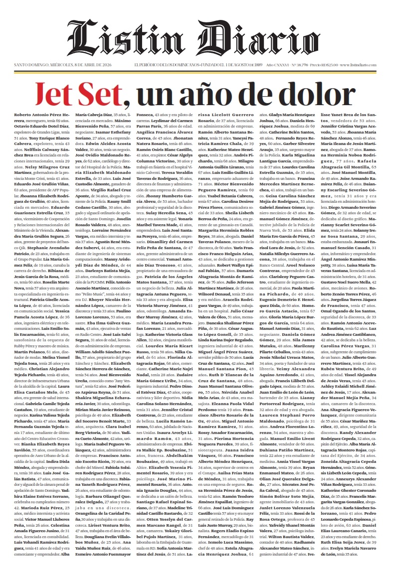Portada Periódico Listín Diario, Miércoles 08, Abril 2026