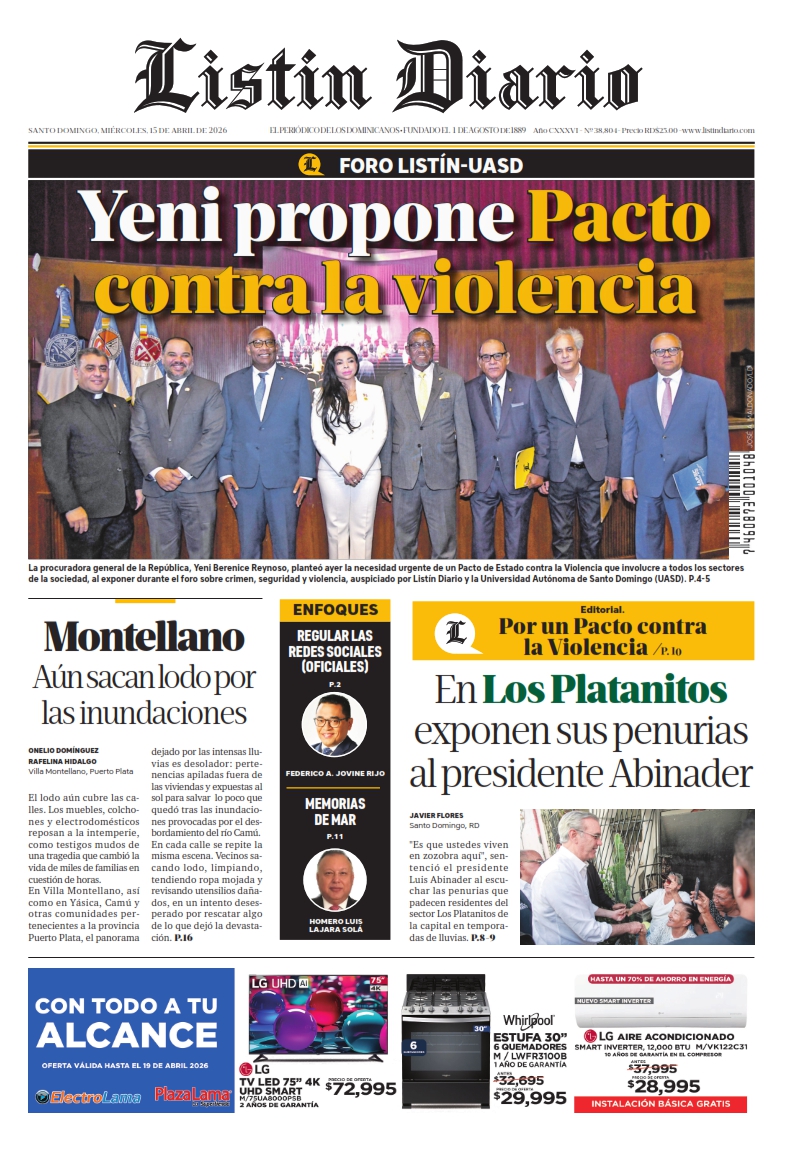 Portada Periódico Listín Diario, Miércoles 15, Abril 2026