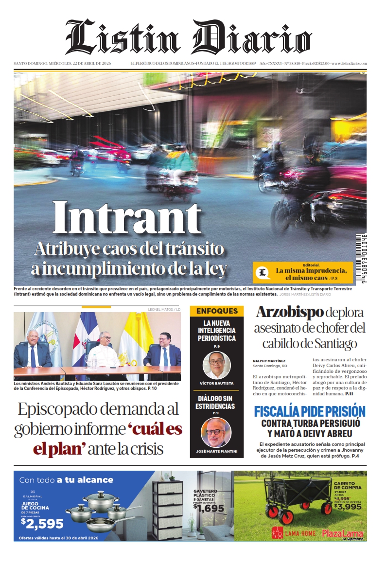 Portada Periódico Listín Diario, Miércoles 22, Abril 2026