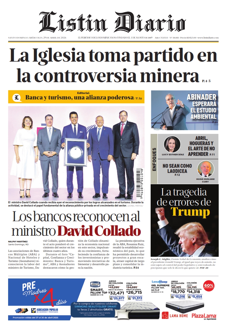 Portada Periódico Listín Diario, Miércoles 29, Abril 2026