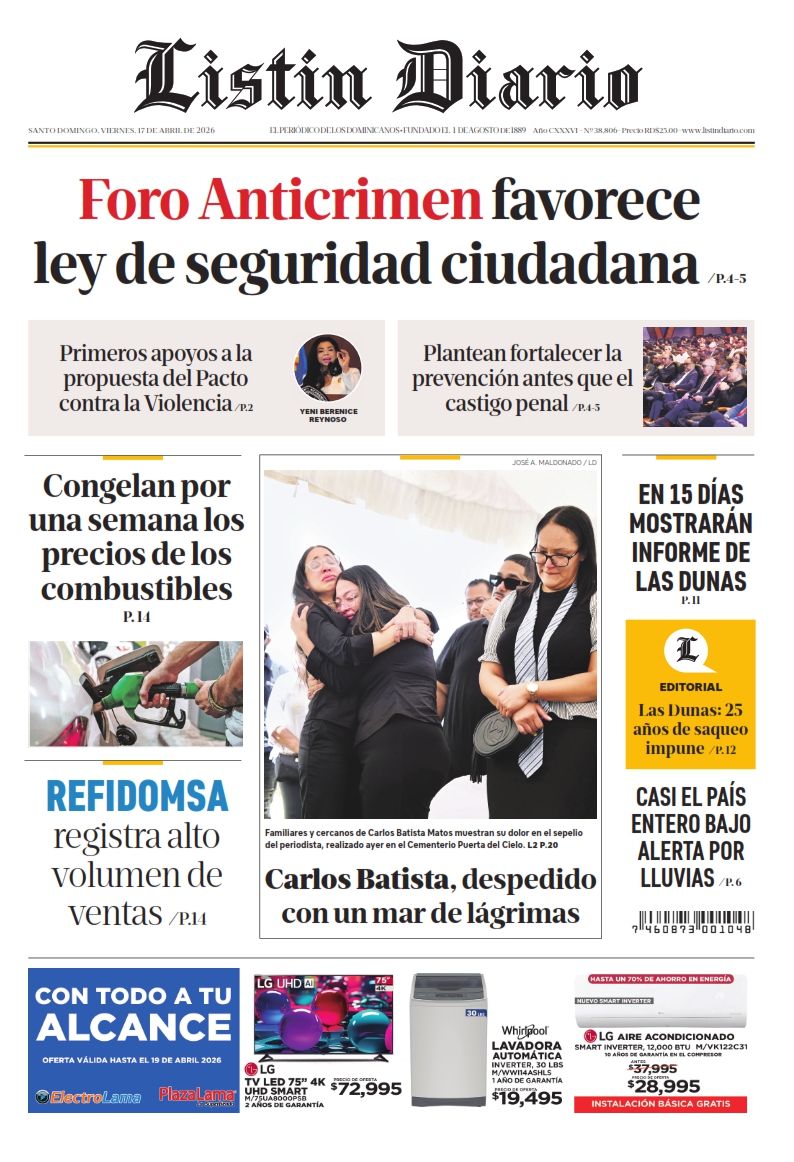 Portada Periódico Listín Diario, Viernes 17, Abril 2026