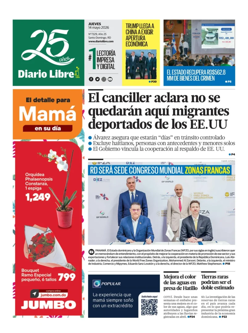 Portada Periódico Diario Libre, Jueves 14, Mayo 2026