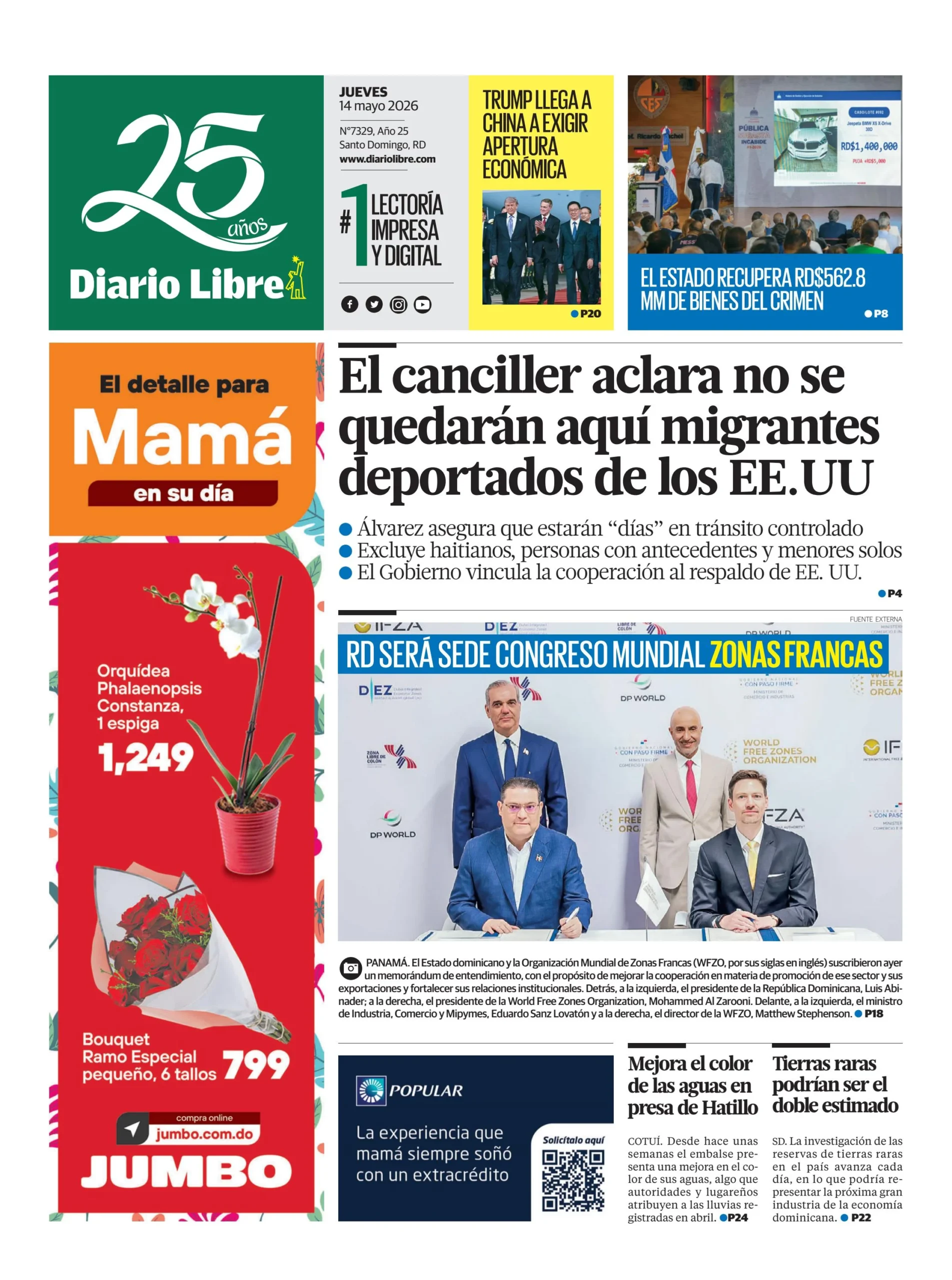 Portada Periódico Diario Libre, Jueves 14, Mayo 2026