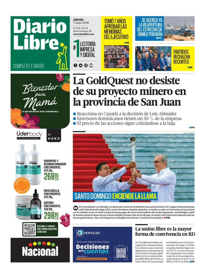 Portada Periódico Diario Libre, Jueves 7, Mayo 2026