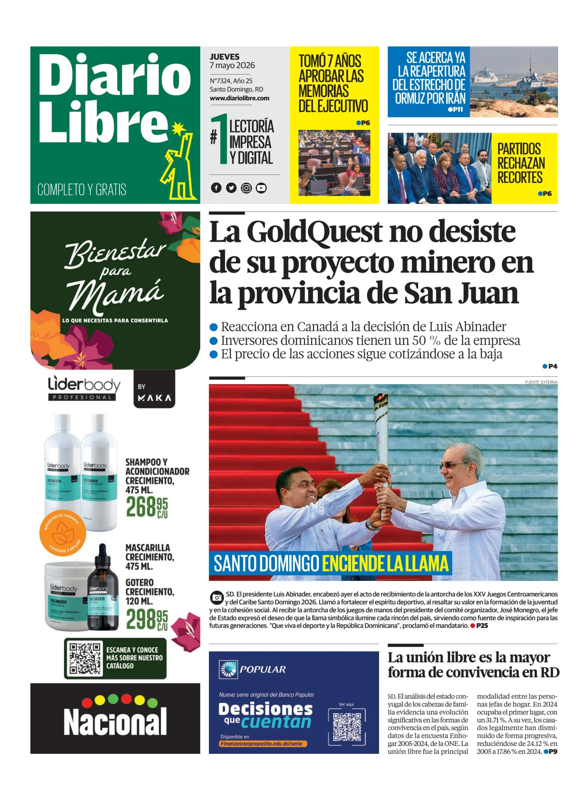 Portada Periódico Diario Libre, Jueves 7, Mayo 2026