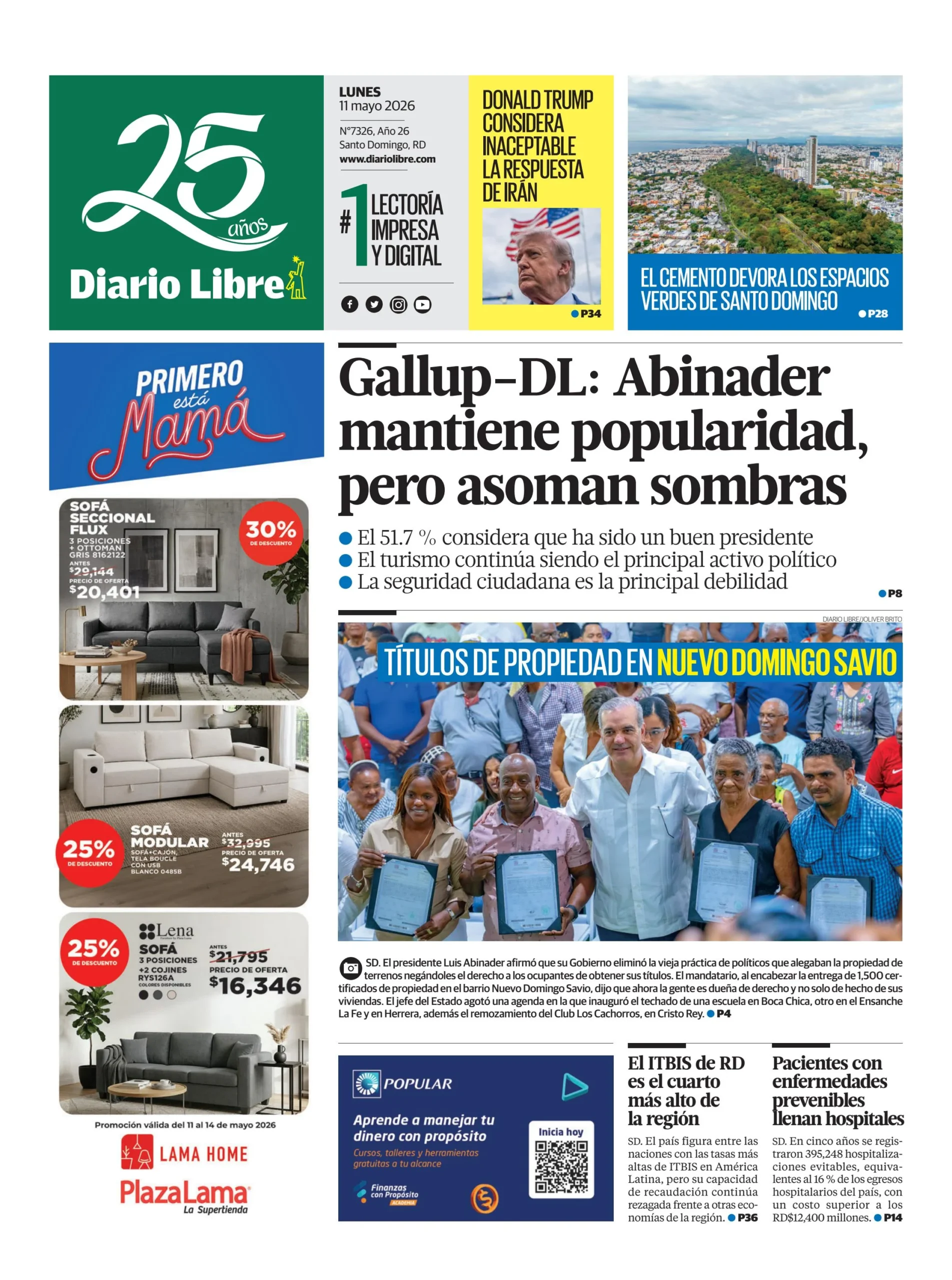 Portada Periódico Diario Libre, Lunes 11, Mayo 2026
