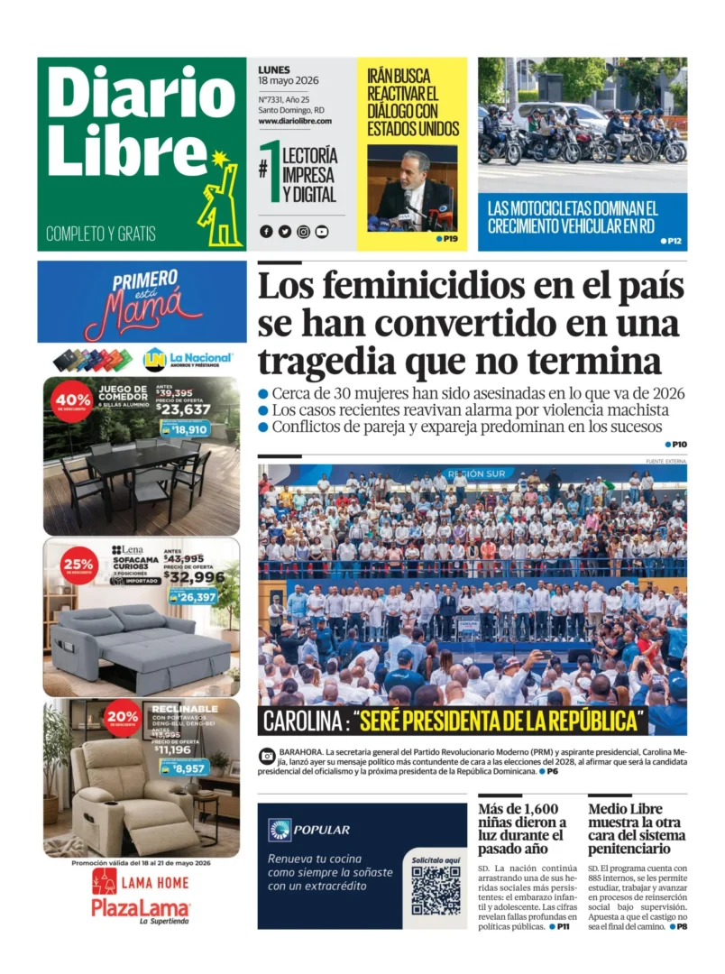 Portada Periódico Diario Libre, Lunes 18, Mayo 2026