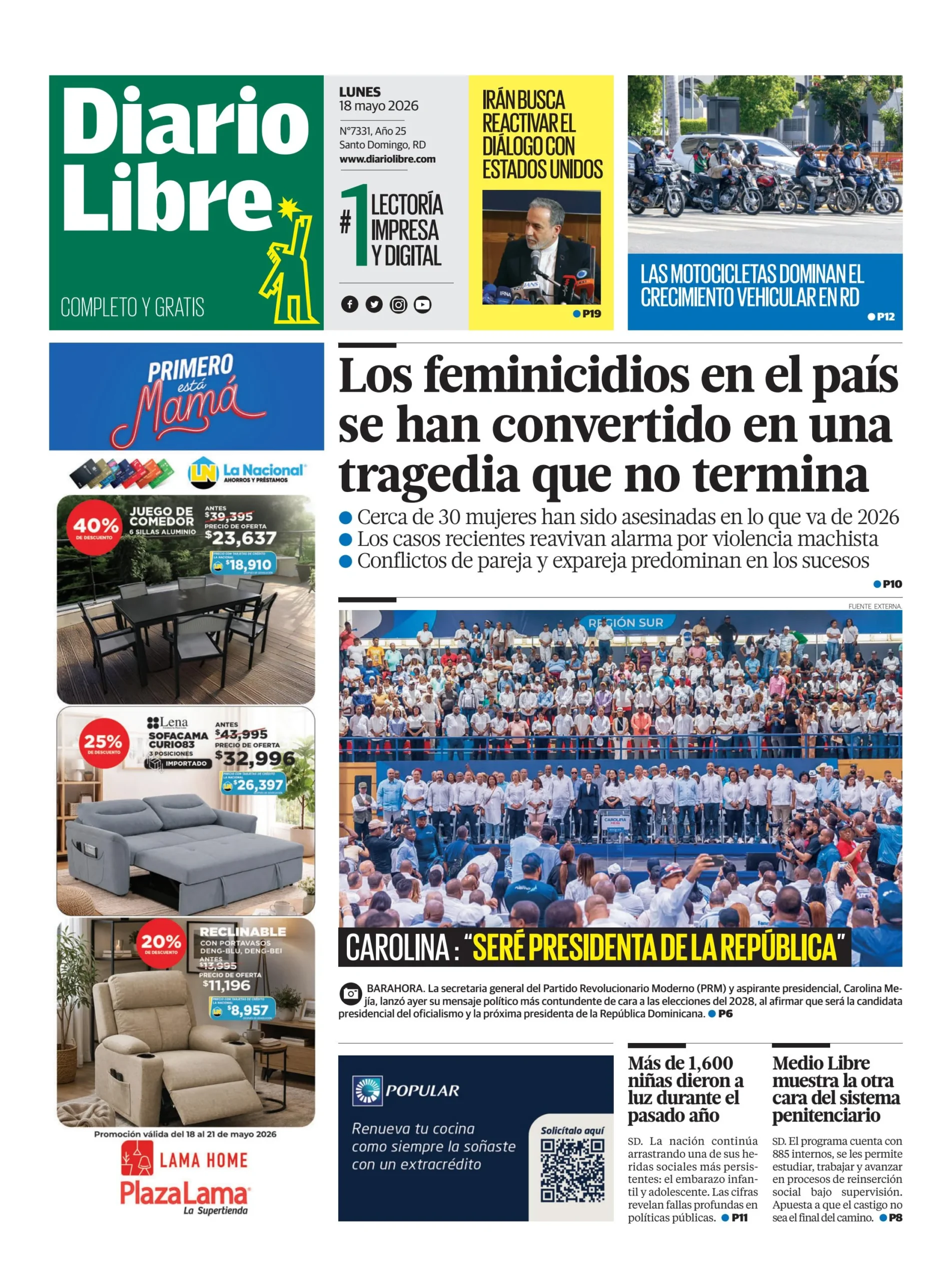 Portada Periódico Diario Libre, Lunes 18, Mayo 2026