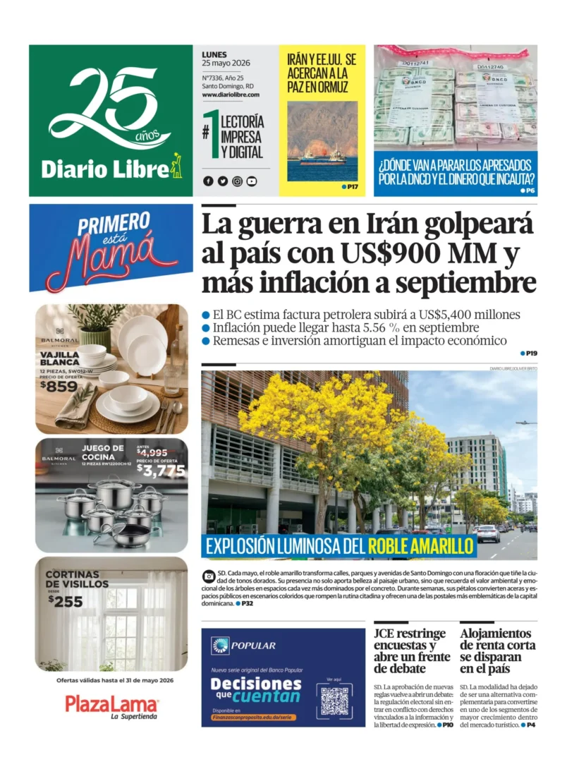 Portada Periódico Diario Libre, Lunes 25, Mayo 2026