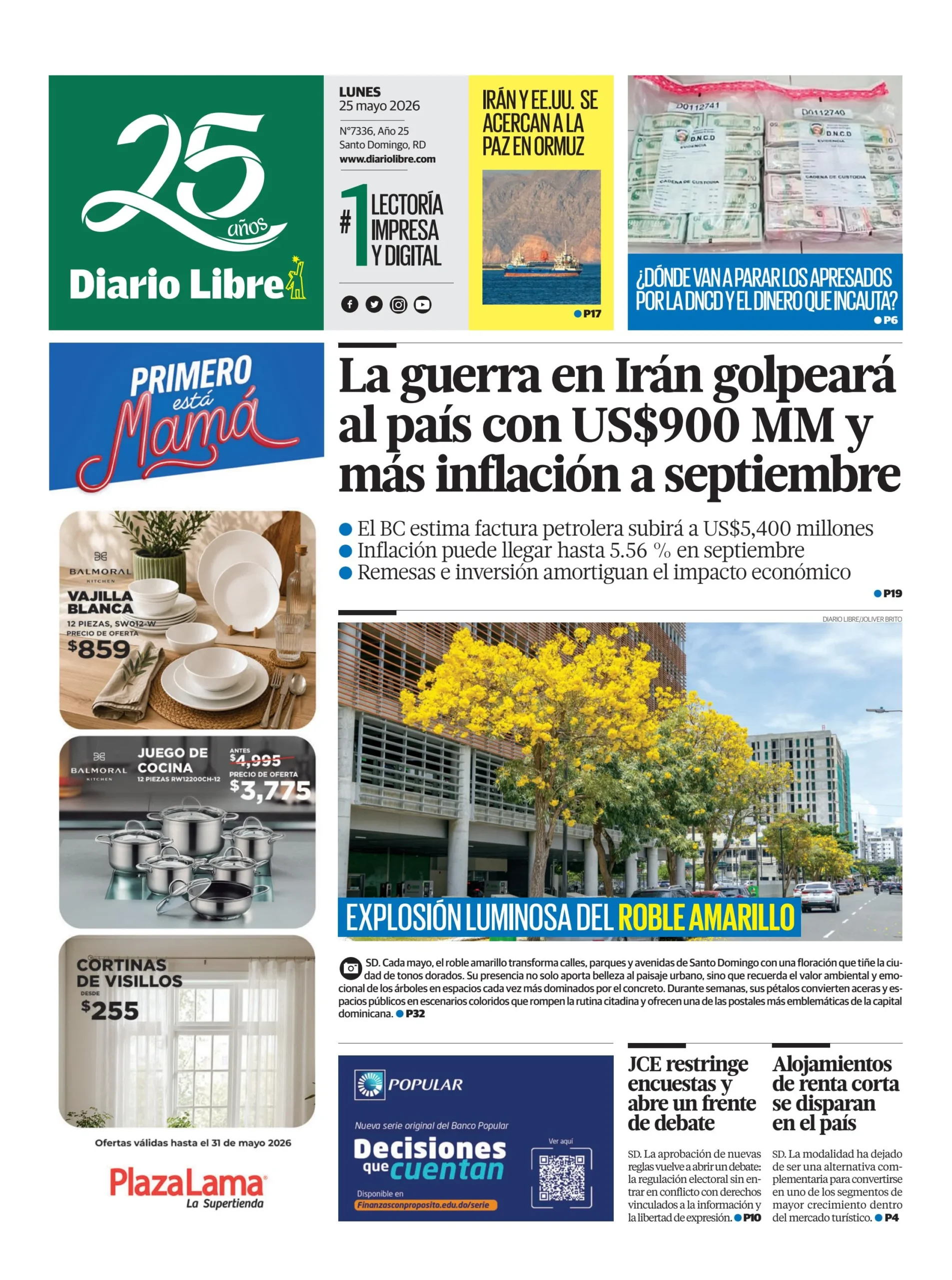 Portada Periódico Diario Libre, Lunes 25, Mayo 2026