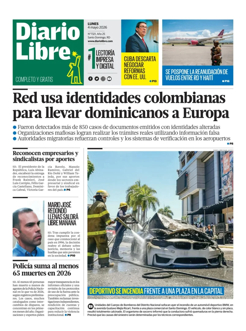 Portada Periódico Diario Libre, Lunes 4, Mayo 2026