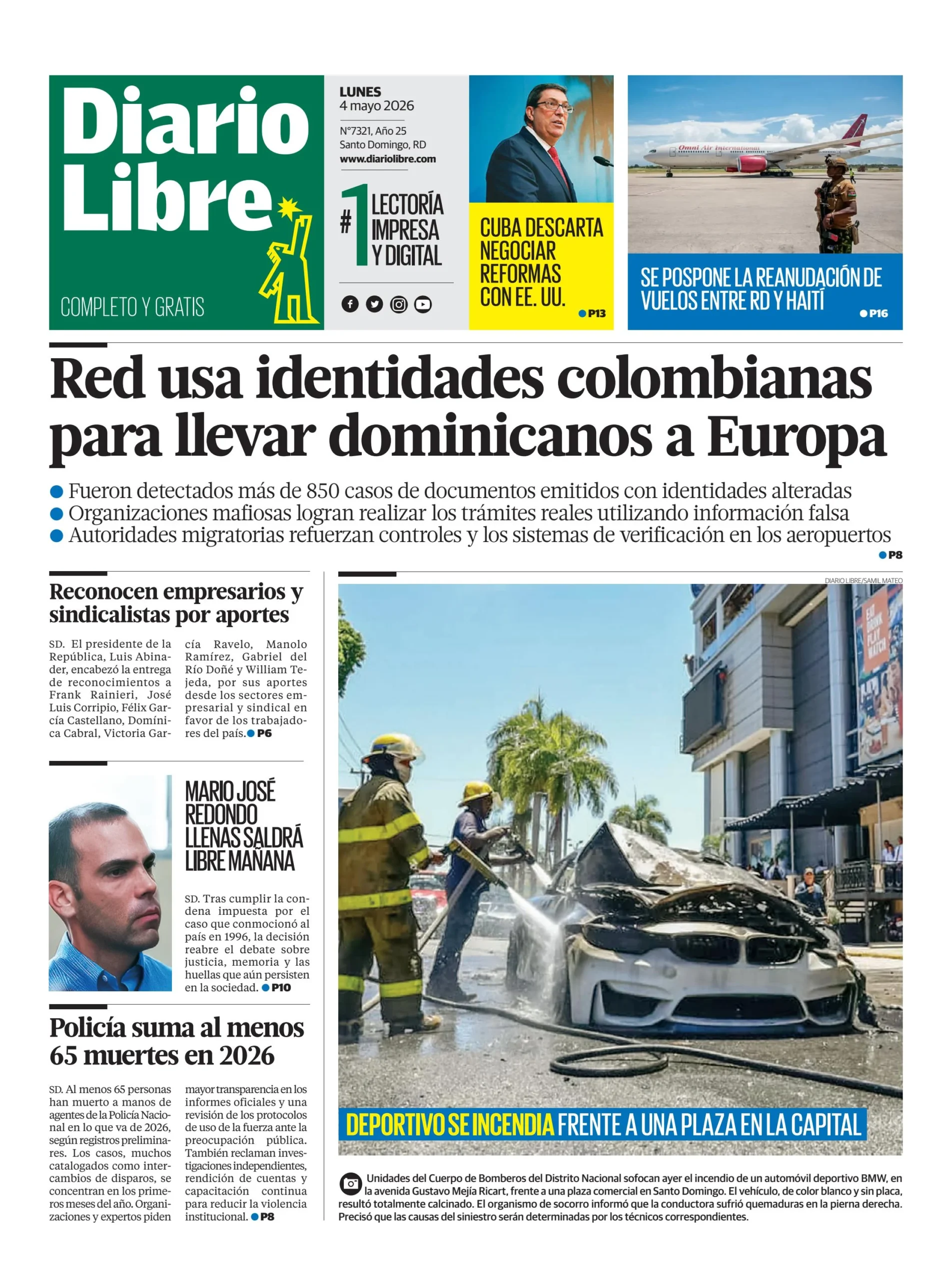 Portada Periódico Diario Libre, Lunes 4, Mayo 2026