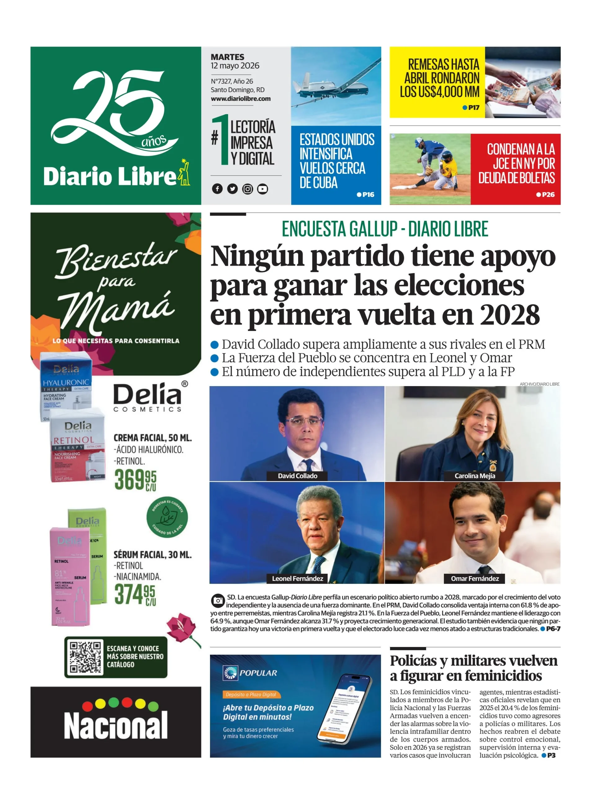 Portada Periódico Diario Libre, Martes 12, Mayo 2026