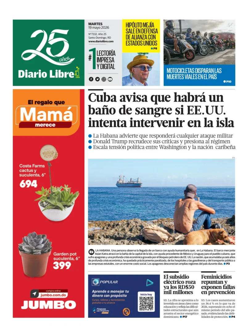 Portada Periódico Diario Libre, Martes 19, Mayo 2026
